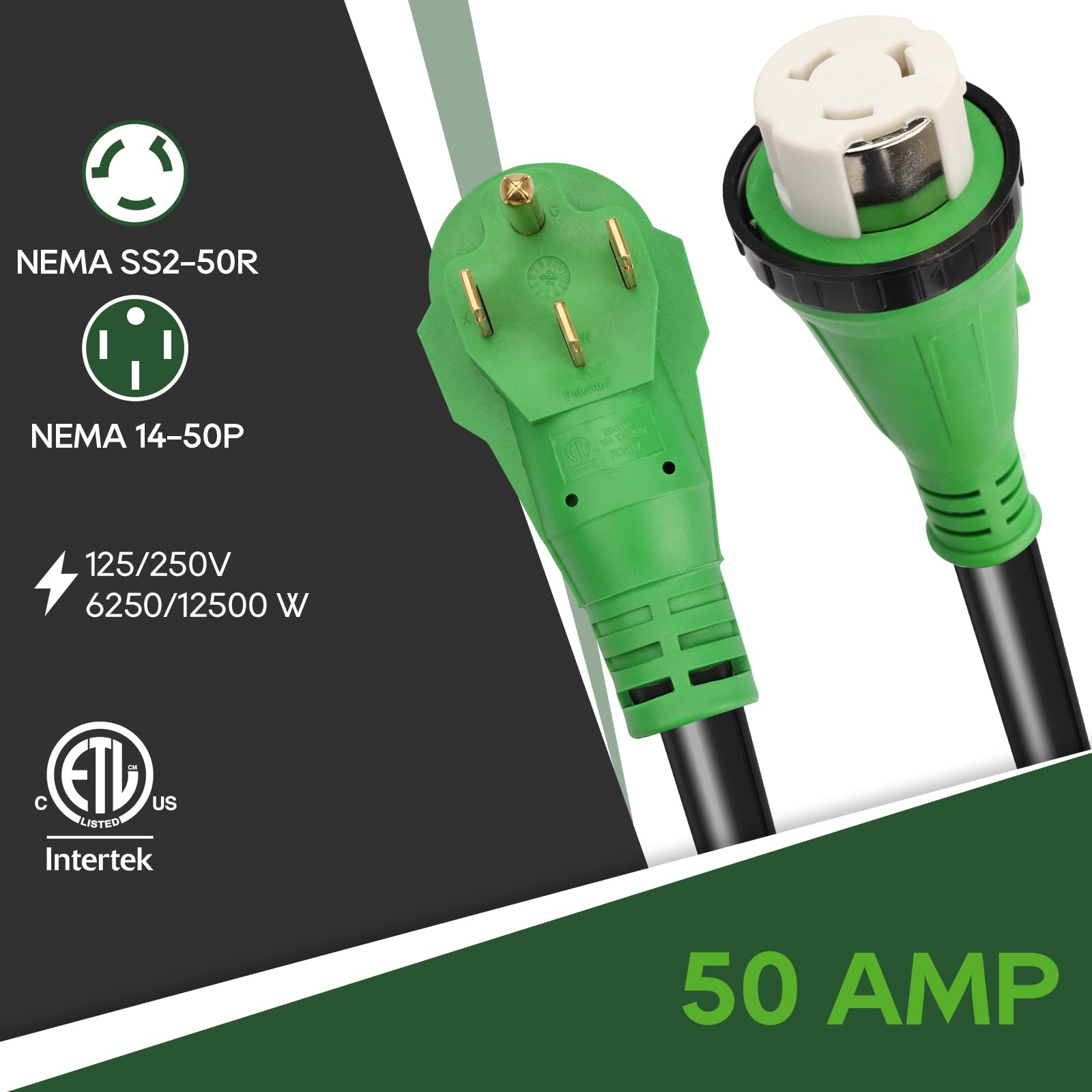 Rvguard 50 Amp 25 Foot Rv Power Cord, 14-50P To Ss2-50R Generator Extension Cord, Heavy Duty Stw Cord With Led Power Indicator A