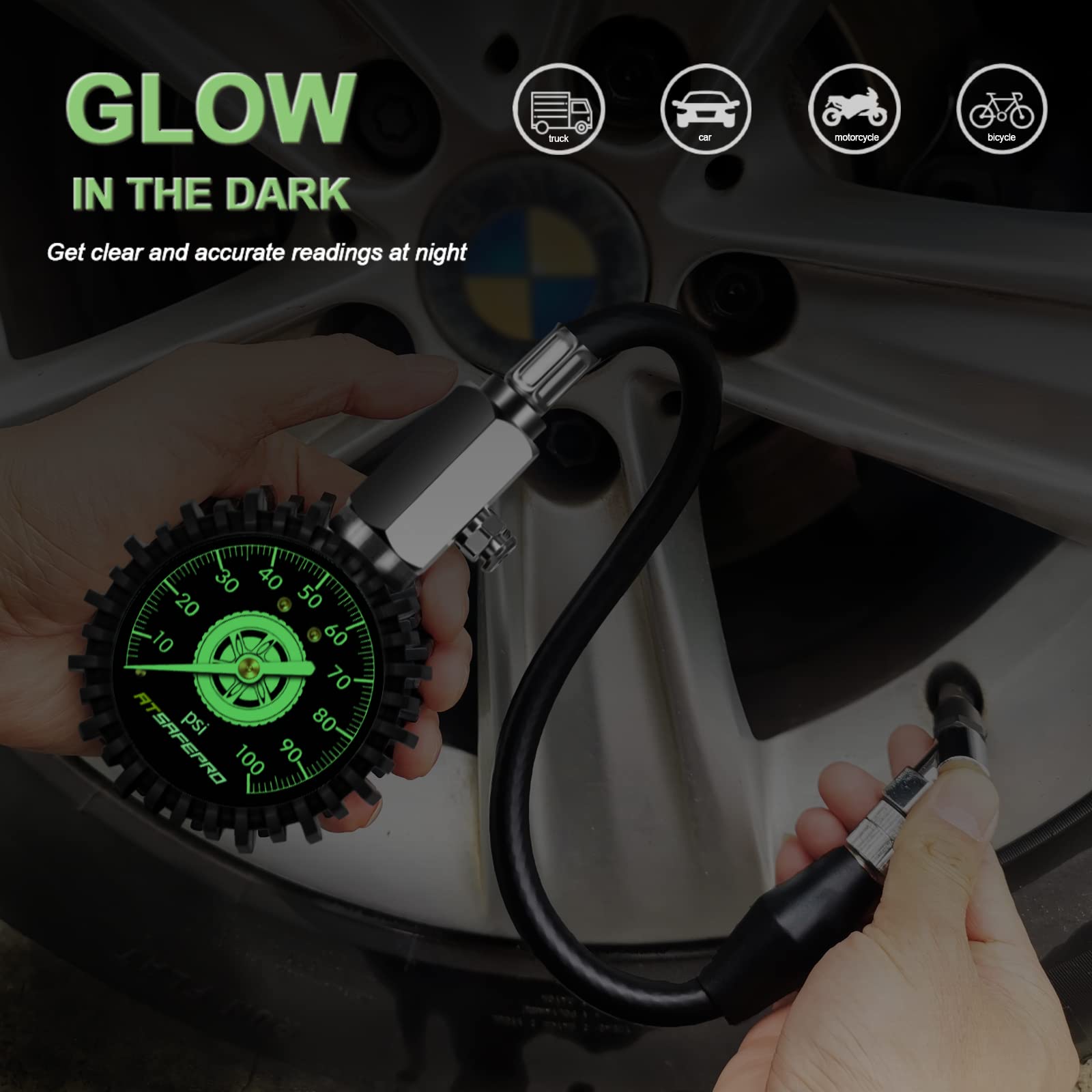 Tire Pressure Gauge 100Psi Glow In The Dark, Atsafepro 2.5? Dial Mechanical Tire Gauges For Tire Pressure, Certificated Accuracy