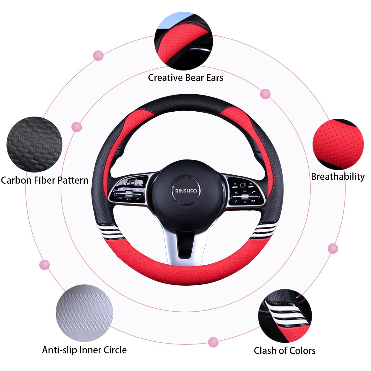 Binsheo Cute Steering Wheel Cover For Girls Women Leather Universal 15 Inch,Black And Red