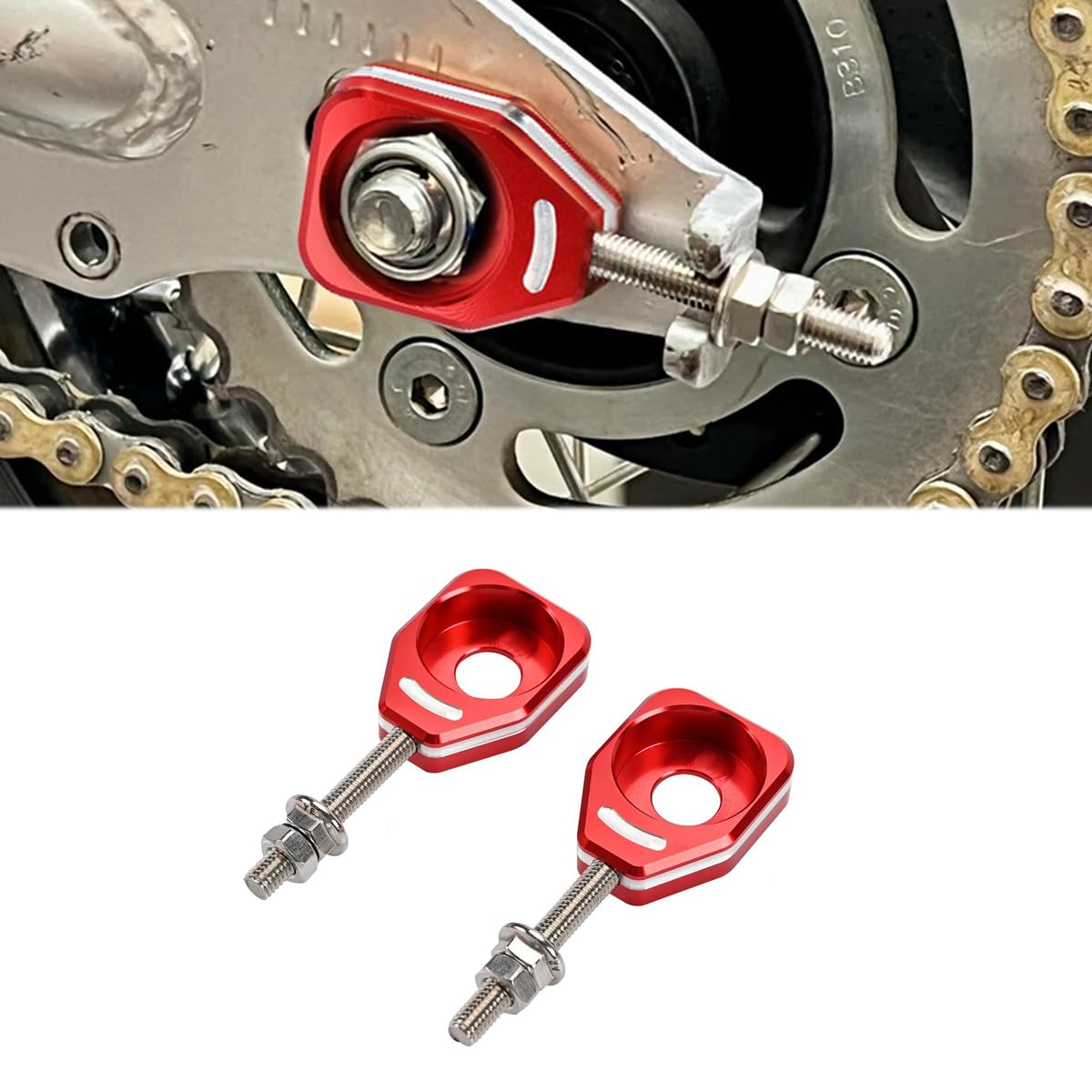 Canitu Red Rear Chain Adjusters,Motorcycle Billet Rear Axle Blocks Swingarm Spool Tensioner Tension Adjuster Accessories for Hon