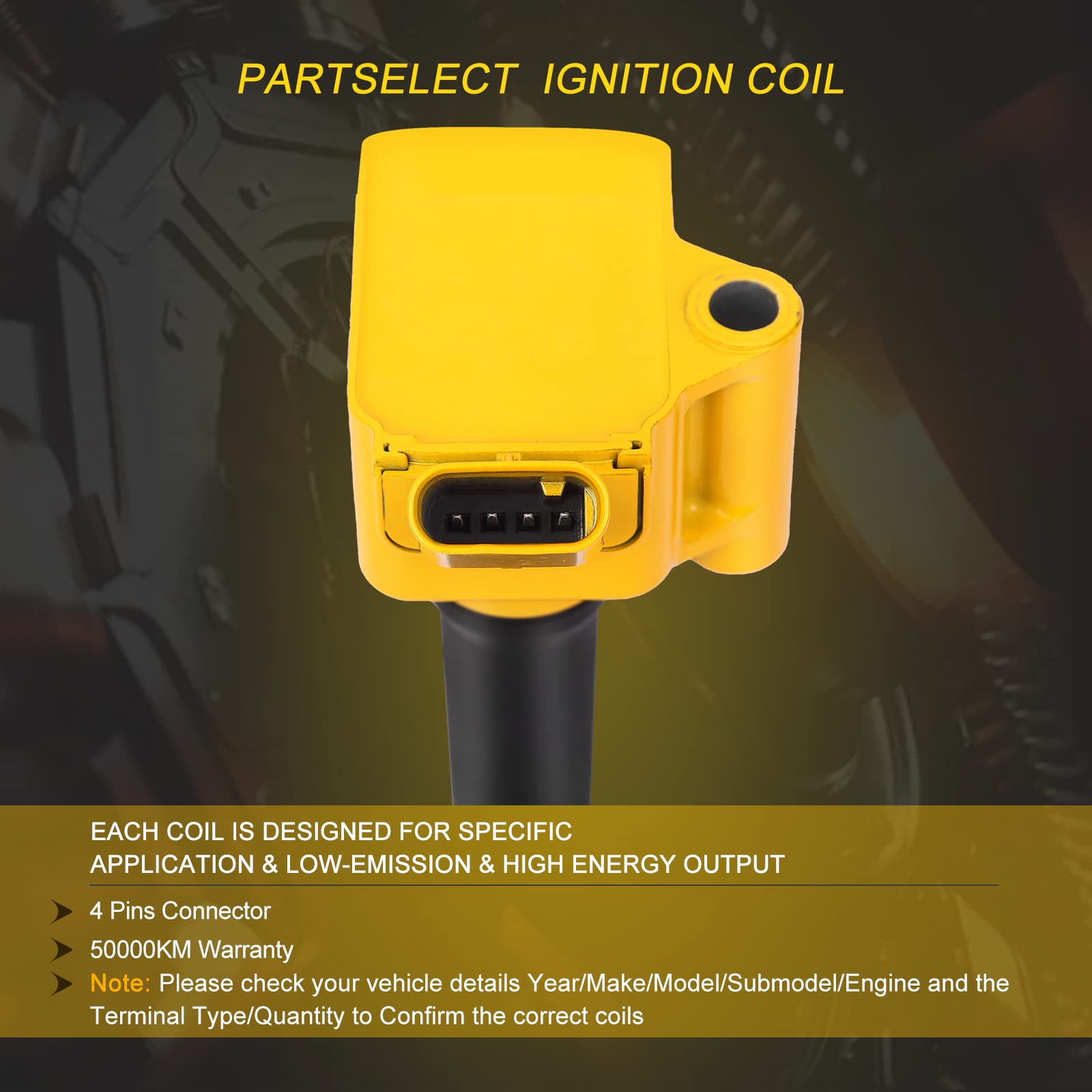 Partselect Ignition Coil Pack Set of 4 UF802 for Chevy Equinox Malibu Cruze Volt 2016-2019, Buick Encore, GMC Terrain, Yellow