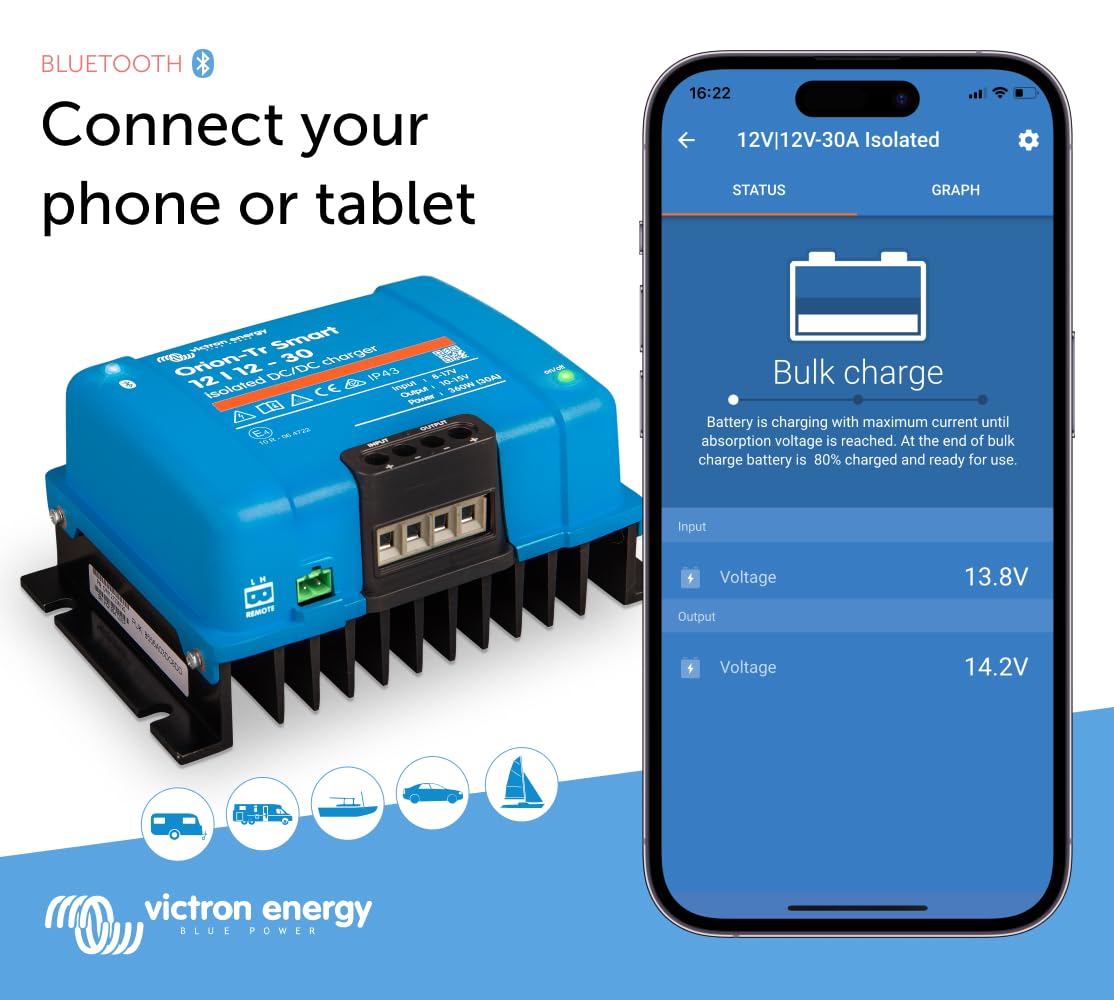 Victron Energy Orion-Tr Smart Dc To Dc Charger (Bluetooth) - 12/12-Volt 30 Amp 360-Watt - Battery Charger For Dual Battery Systems - Isolated