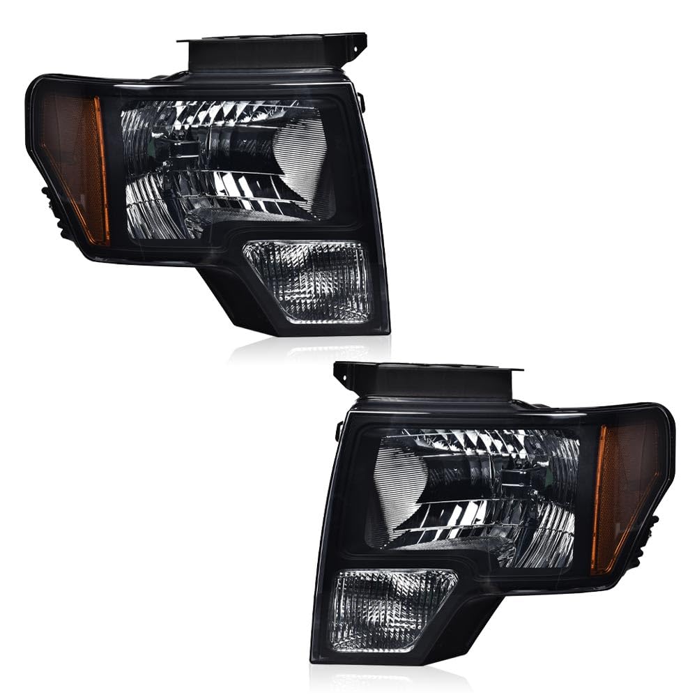 PIT66 Headlights Headlamp Assembly Compatible with Ford F150 2009-2014 Halogen Headlamp Smoky Lens Black Housing Amber Reflector