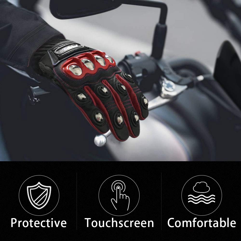 Ilm Alloy Steel Leather Hard Knuckle Touchscreen Motorcycle Bicycle Motorbike Powersports Racing Gloves (Xl, (Leather) Red) Mode
