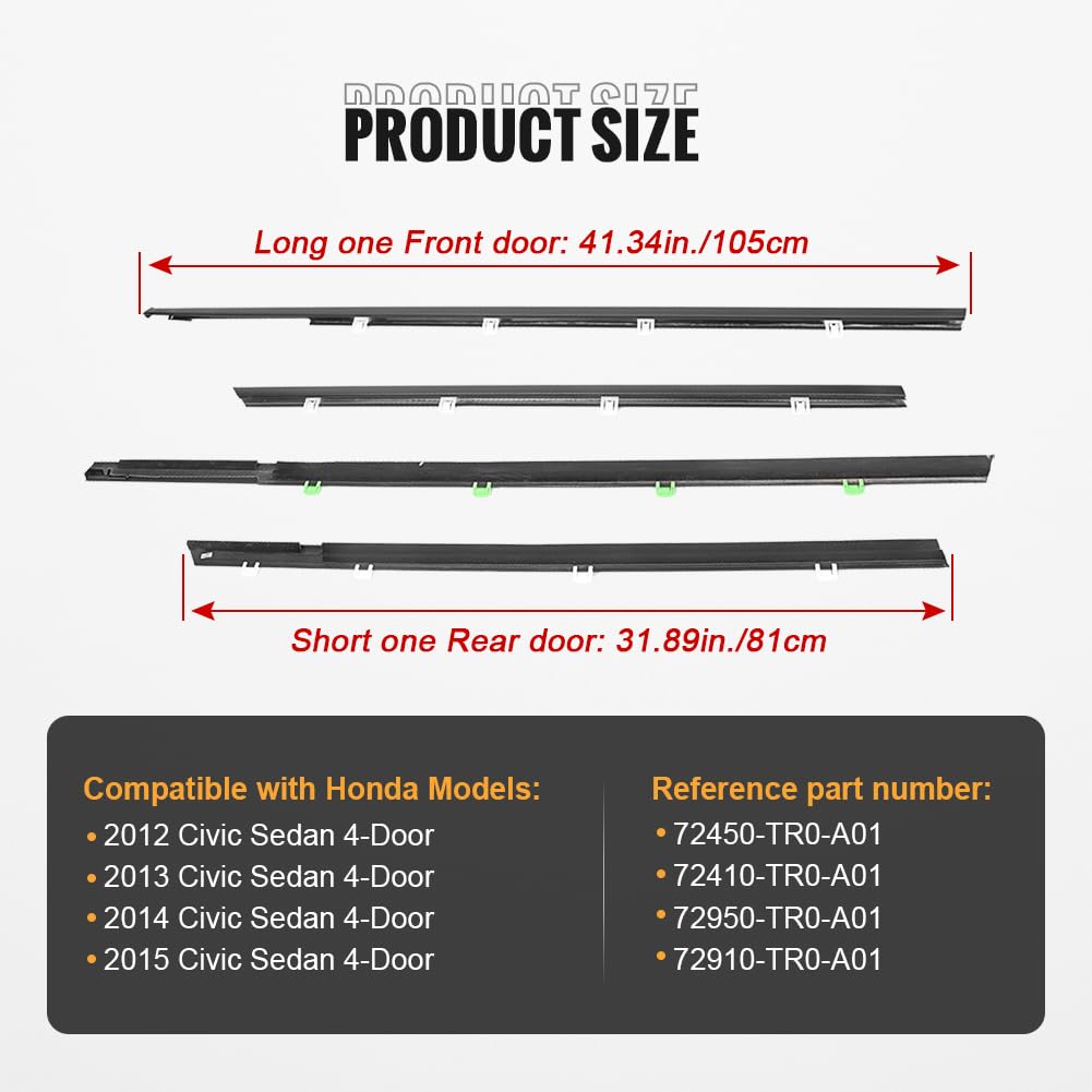 GZYF 4PCS Weatherstrip,Window Weather Stripping Moulding Trim Seal Belt for Honda Civic 2012 2013 2014 2015, Door Outside Trim S
