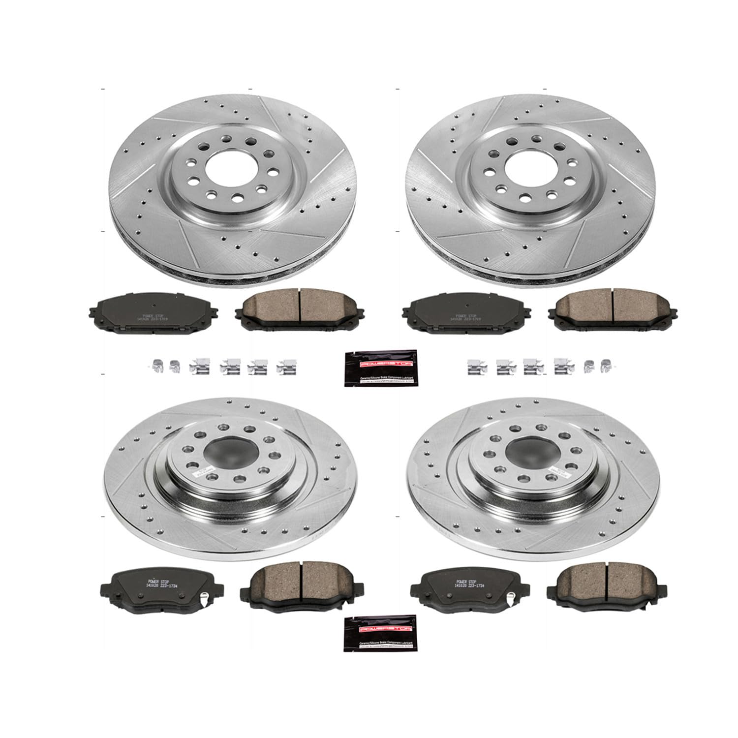 Power Stop K6541 Front and Rear Z23 Carbon Fiber Brake Pads with Drilled and Slotted Brake Rotors Kit For 2014 2015 Jeep Cheroke