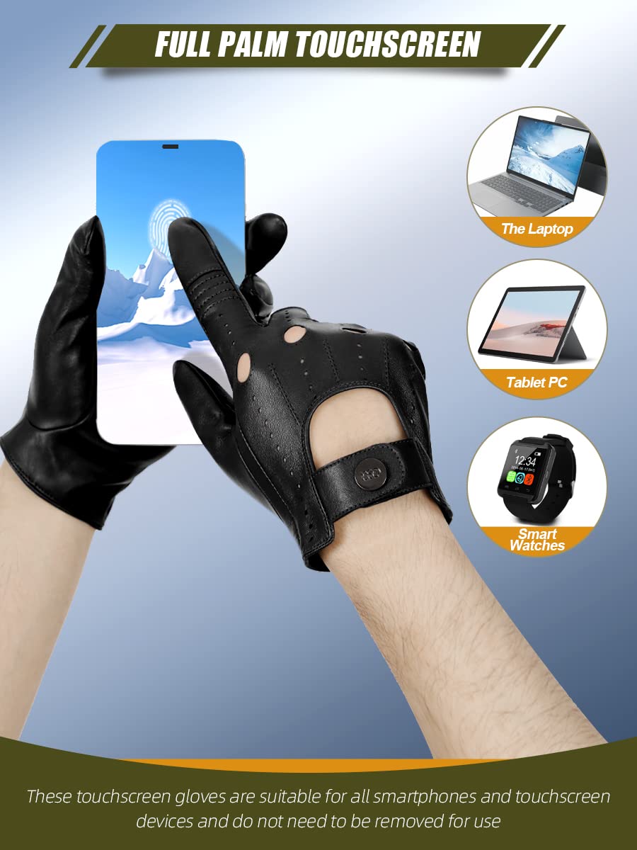 GSG Men’s Genuine Leather Biking Gloves, Large, Black Unlined Touchscreen Driving Gloves with Palm Hole