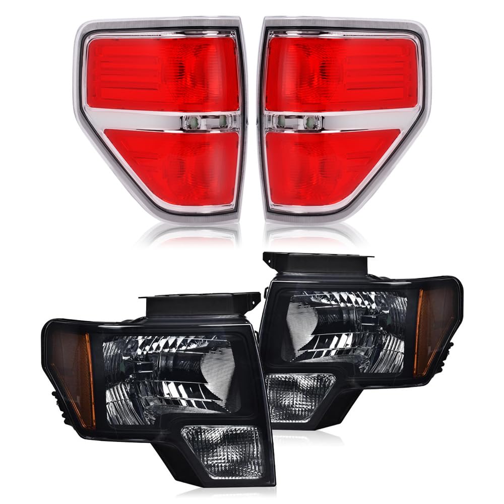 GRAND ORANGE Headlights + Clear Tail Lights Assembly Compatible with Ford F150 2009-2014 4PCS Headlamps Rear Lights Smoky Lens B
