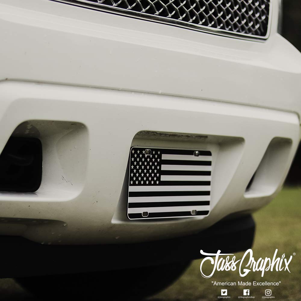 Jass Graphix American Flag License Plate Matte Black On 1/8'' White Aluminum Composite Heavy Duty Tactical Patriot Usa Car Tag (