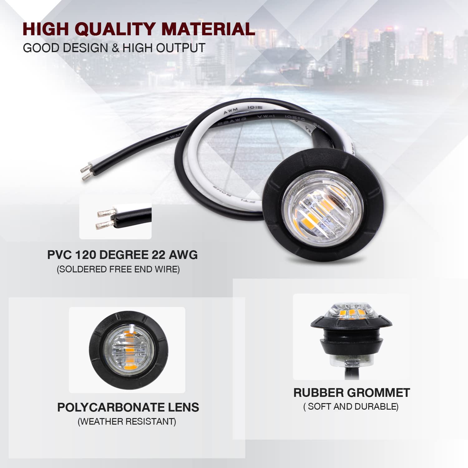 Tmh 3/4 Inch Clear Lens Amber 3 Led Clearance Side Marker Indicator Lights Round Mini Lamp With Rubber 12V Dc For Truck Lorry To
