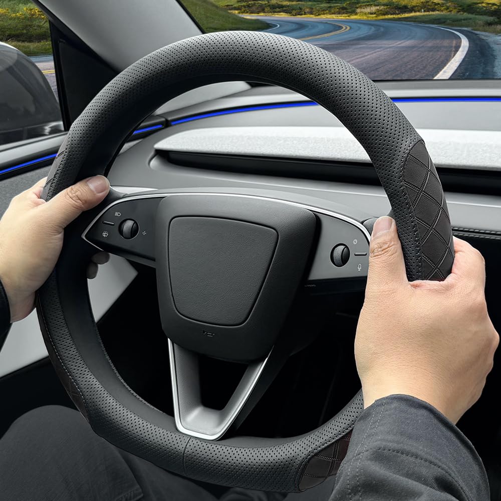 Lkwlikei Leather Steering Wheel Cover. Elegant Diamond Checkered Design, Non-Slip And Breathable, For Tesla Model 3/Y Steering W