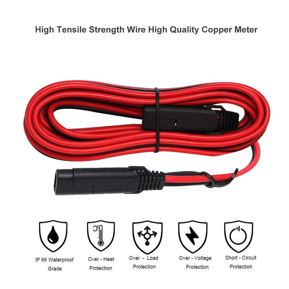 SPARKING 12FT SAE to SAE Extension Cable 16AWG - Heavy Duty Wire Harness with Waterproof Cap, Red, Model SP-39