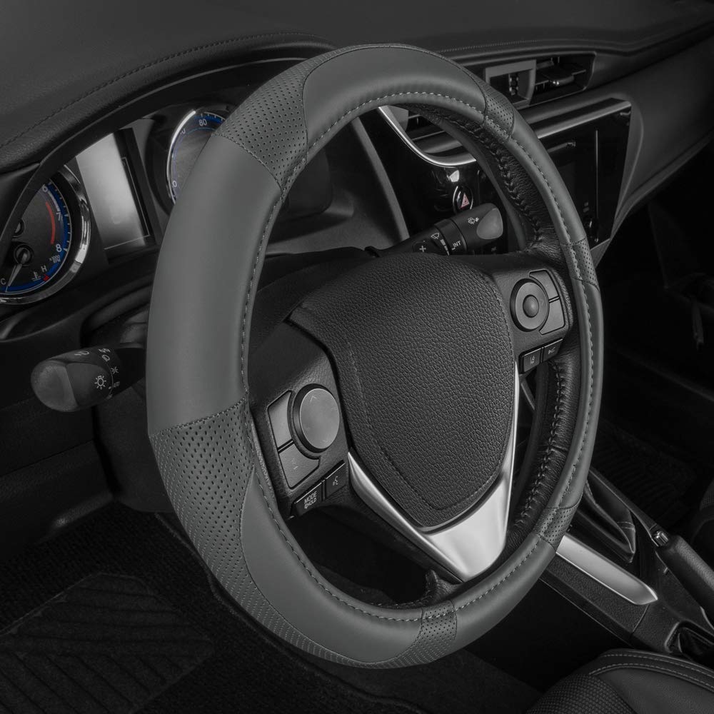 Motor Trend Gray Soft Touch Steering Wheel Cover - Perforated Microfiber Leather With Classic Stitching For Sizes 14.5 To 15 Inc