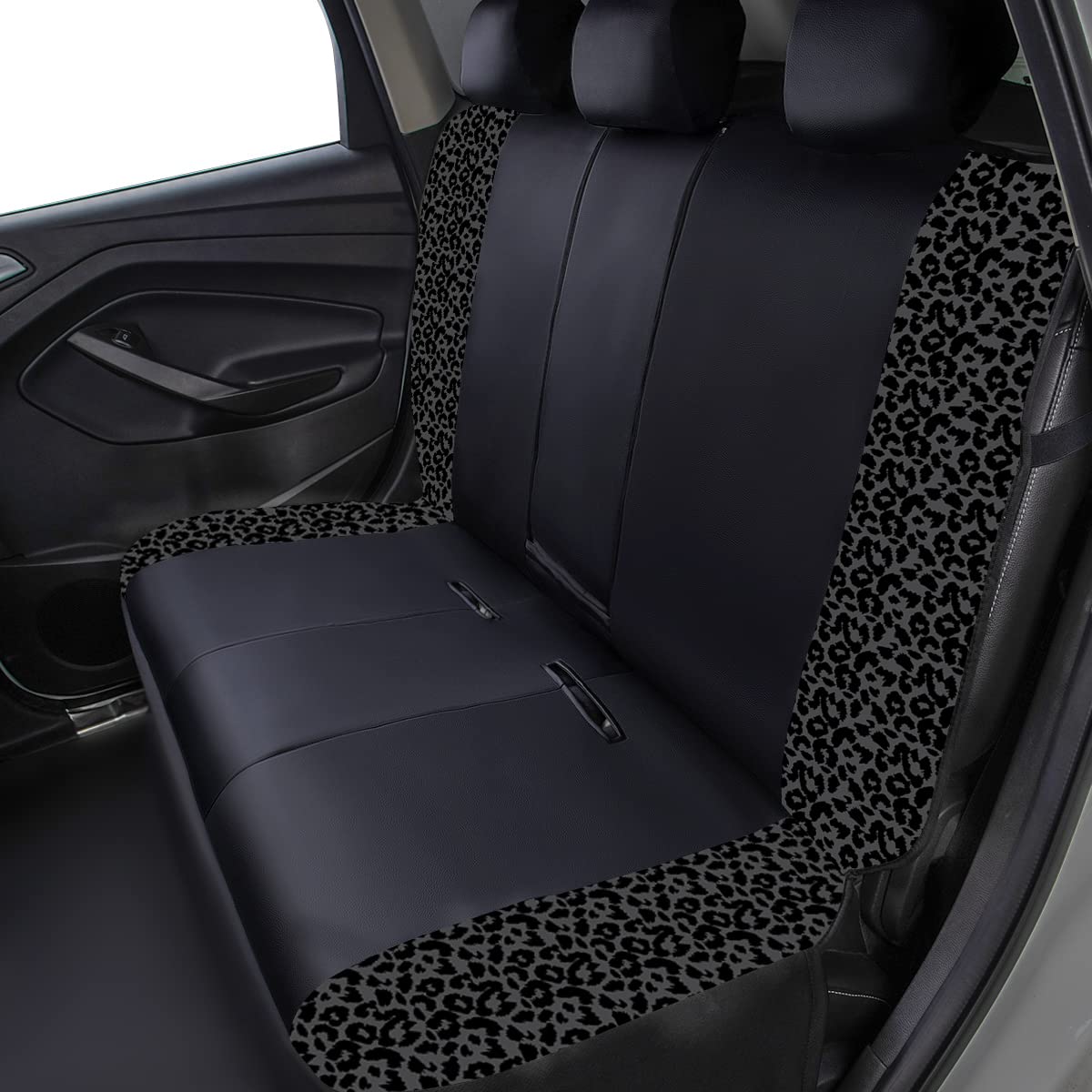 Flying Banner Car Seat Covers - Gray Leopard Velvet Faux Leather, Full Set 8PCS, FB-067107