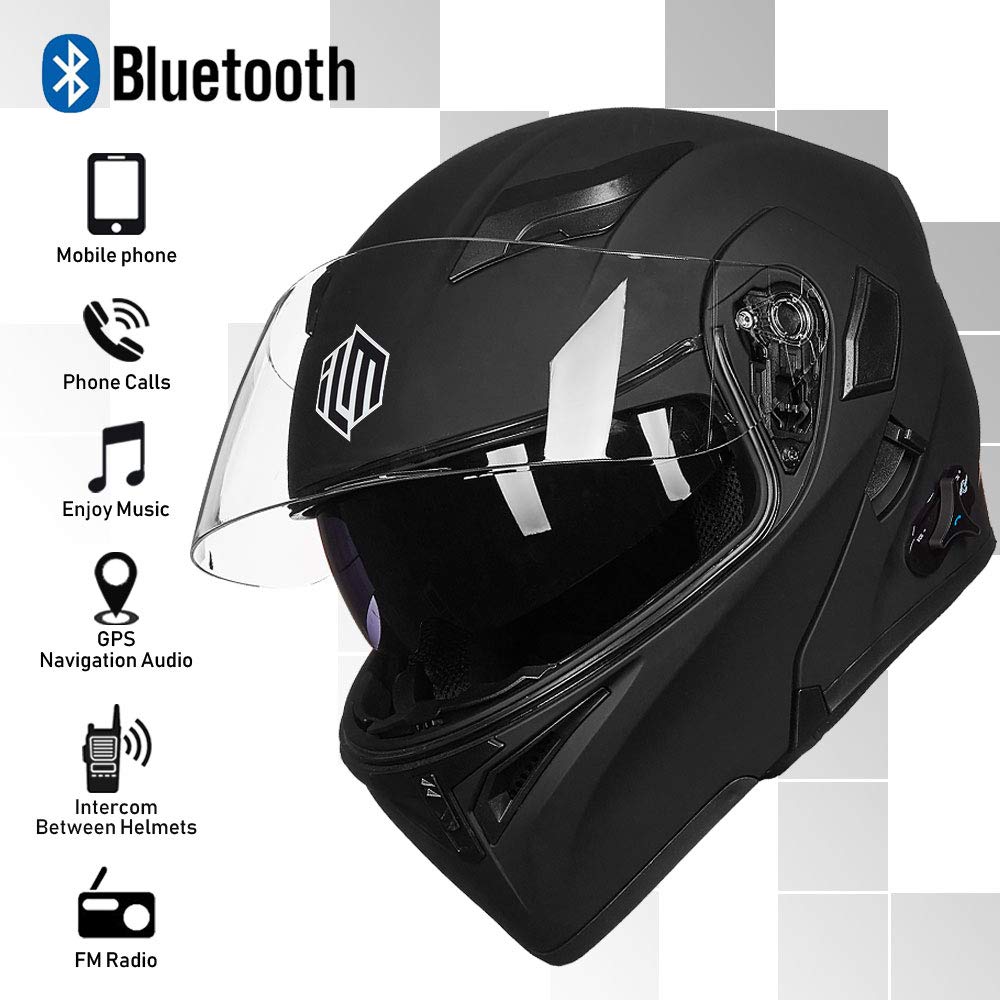 Ilm Bluetooth Motorcycle Helmet Modular Flip Up Full Face Dual Visor Mp3 Intercom Fm Radio Dot Model 902Bt(Matte Black, 2Xl)