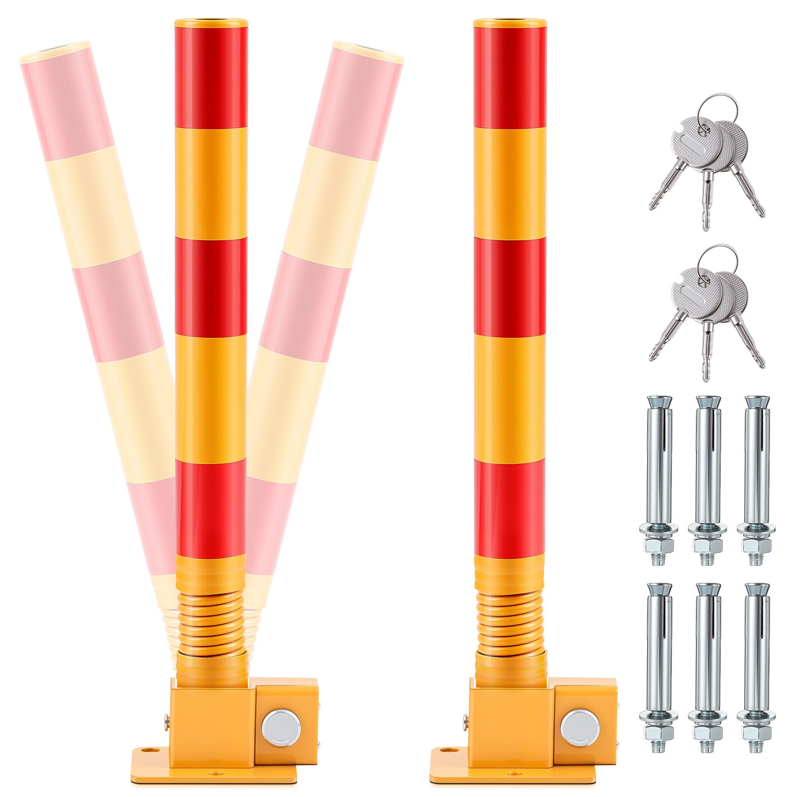Zonon 2 Pcs Spring Parking Post Folding Heavy Metal Parking Barrier Lock Obstacle Pile with Warning Stripes Interceptor Bollard 