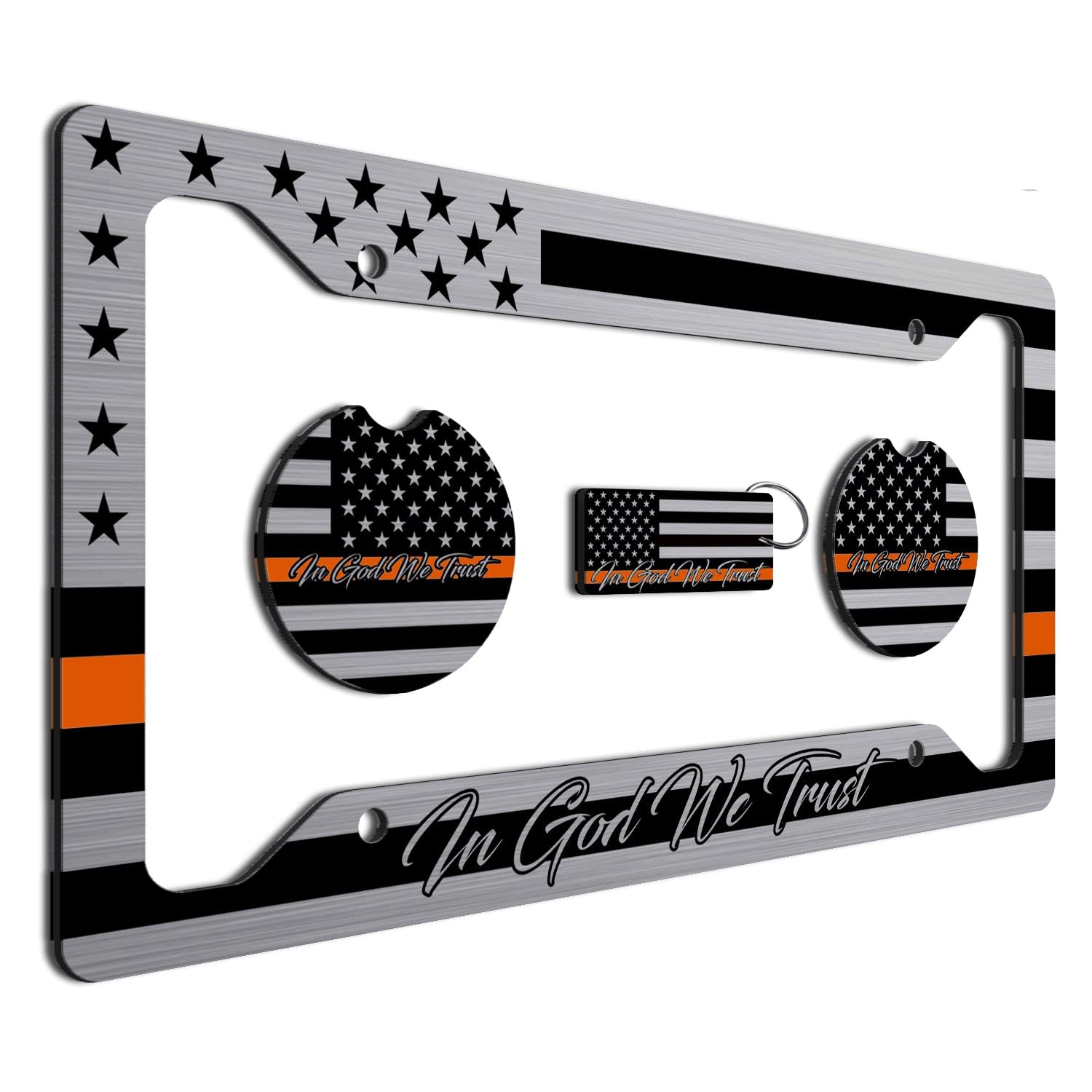American Flag In God We Trust License Plate Frame + Orange Line Coasters + Keychain - Perfect For God And Country Lovers - Tacti