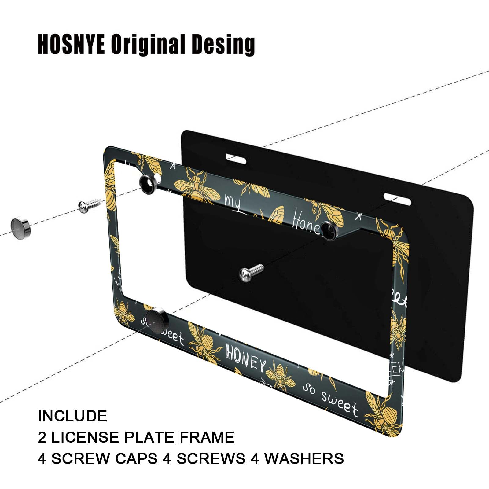 HOSNYE Honey Bee License Plate Frame 2 Pcs Golden Honey Bee So Sweet Metal Cute Licenses Plates Frames Licenses Plate Covers Car