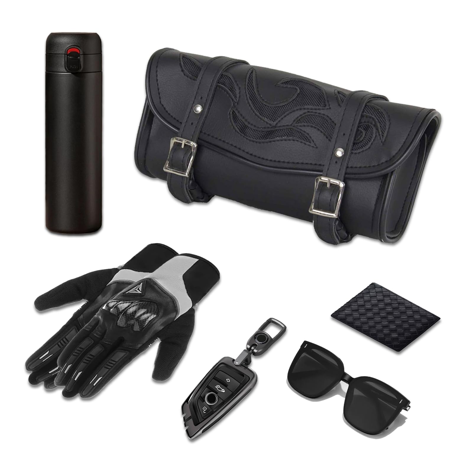 GARGOYLE BELLS Motorcycle Tool Bags with Flames Handlebar Bag Universal Motorcycle Fork Bag Saddlebags Sissy Bar Storage Tool Ba