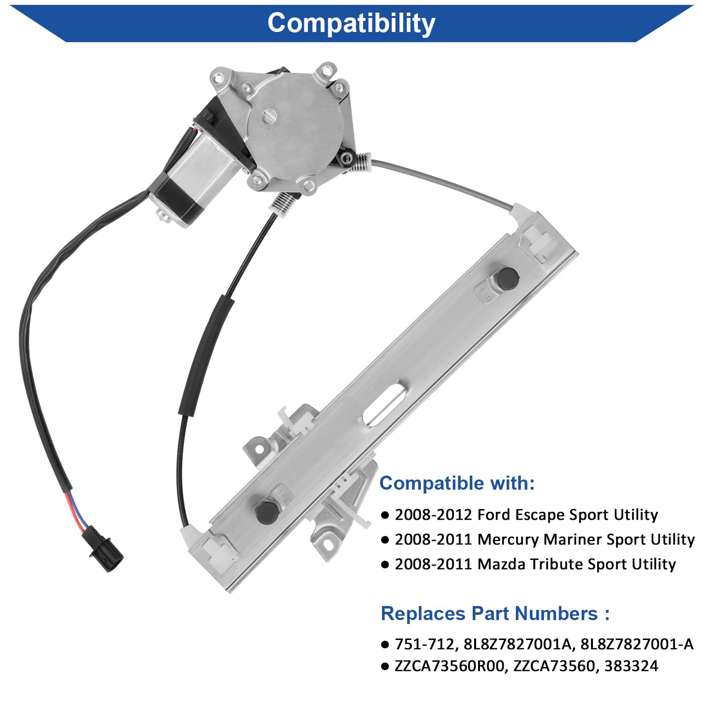 Obaee 751-712 Rear Left Driver Side Power Window Regulator with Motor Compatible with Ford Escape 2008-2012, Mercury Mariner, Ma