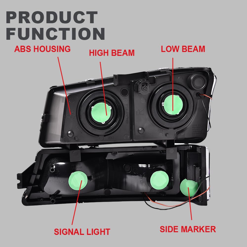 G-PLUS LED DRL Headlights for 2003-2006 Chevy Silverado/Avalanche, Smoky Lens Black Housing, ABS Plastic, Clear Reflector