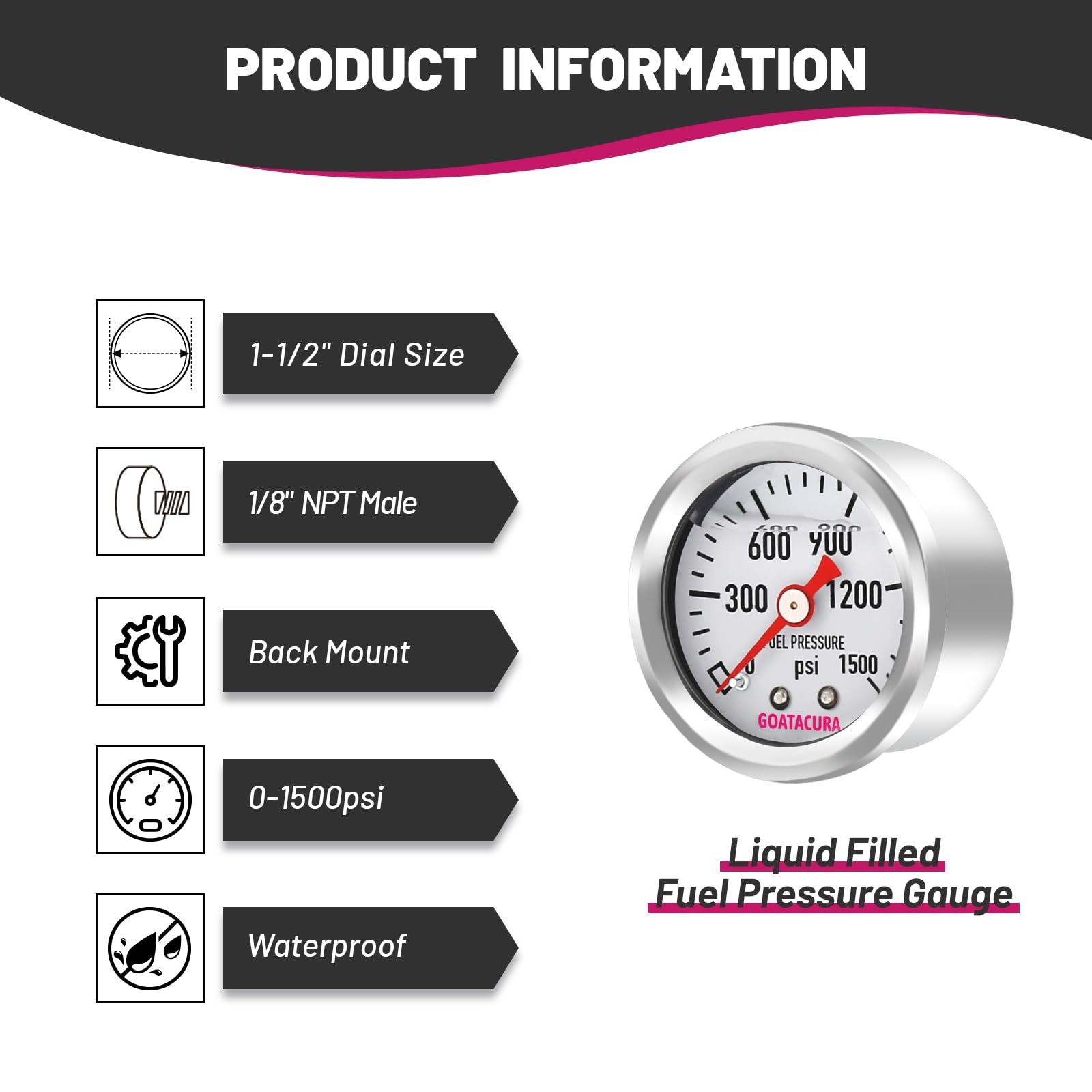 Goatacura 0-1500Psi Glycerin Filled Fuel Pressure Gauge, 1-1/2'' Dial Size, 304 Stainless Steel Case, 1/8'' Npt Center Back Moun