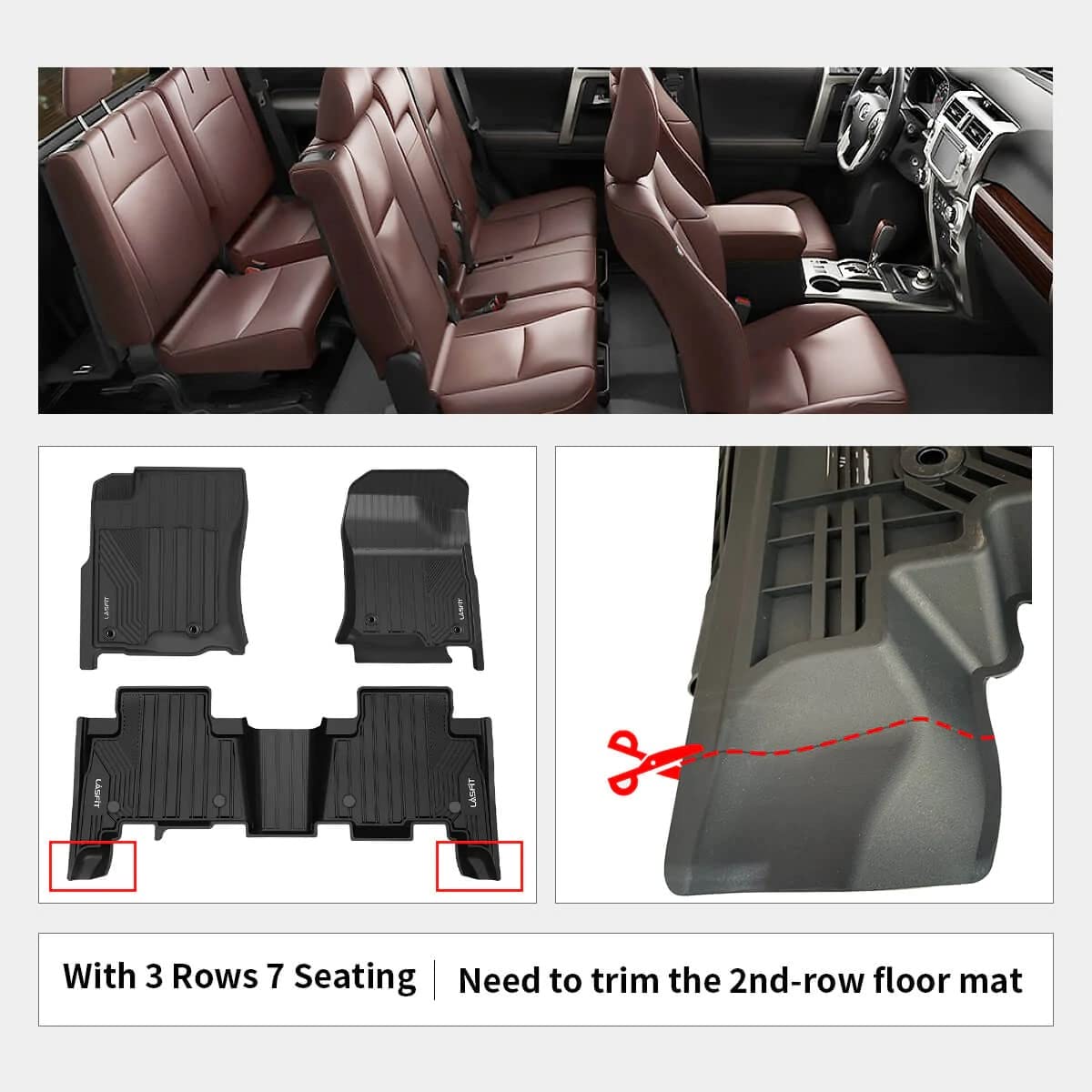 LASFIT TPE Floor Mats for Toyota 4Runner 2013-2024 & Lexus GX460 2014-2023, All Weather, Black, Fits 7 & 5 Seats