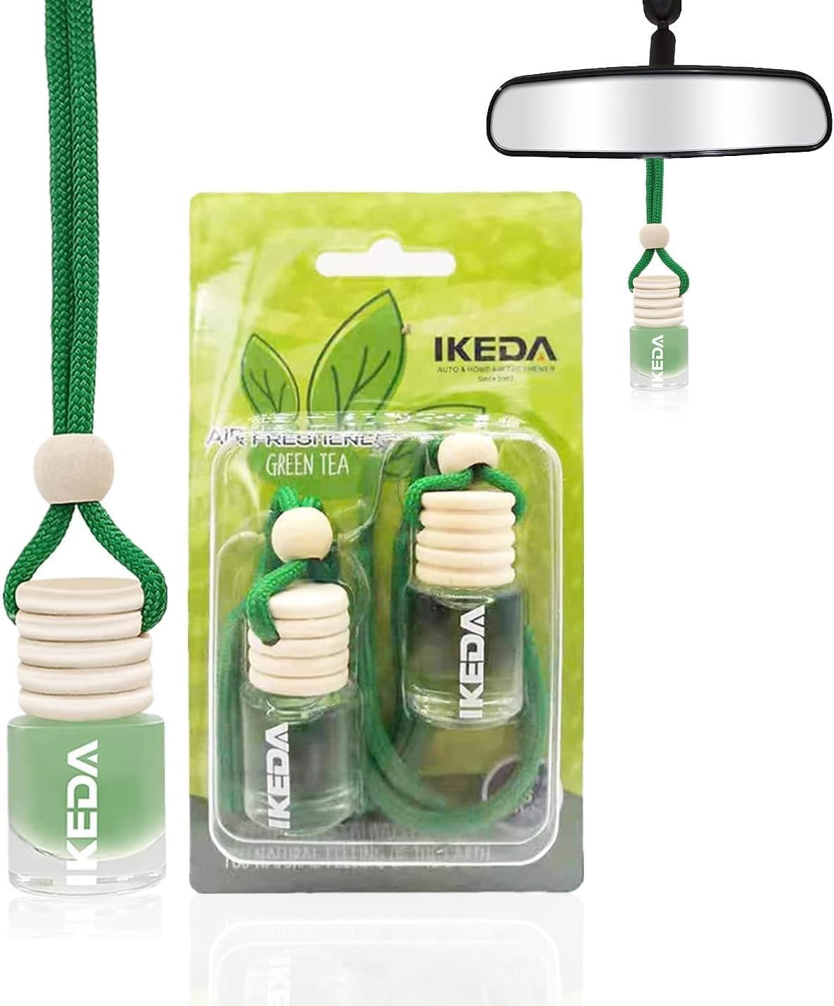 Ikeda Fragrance Car Air Freshener | 2Pcs Green Tea Scent | Long Lasting Keep Fragrance | Automobile Hanging Diffuser Bottles | R