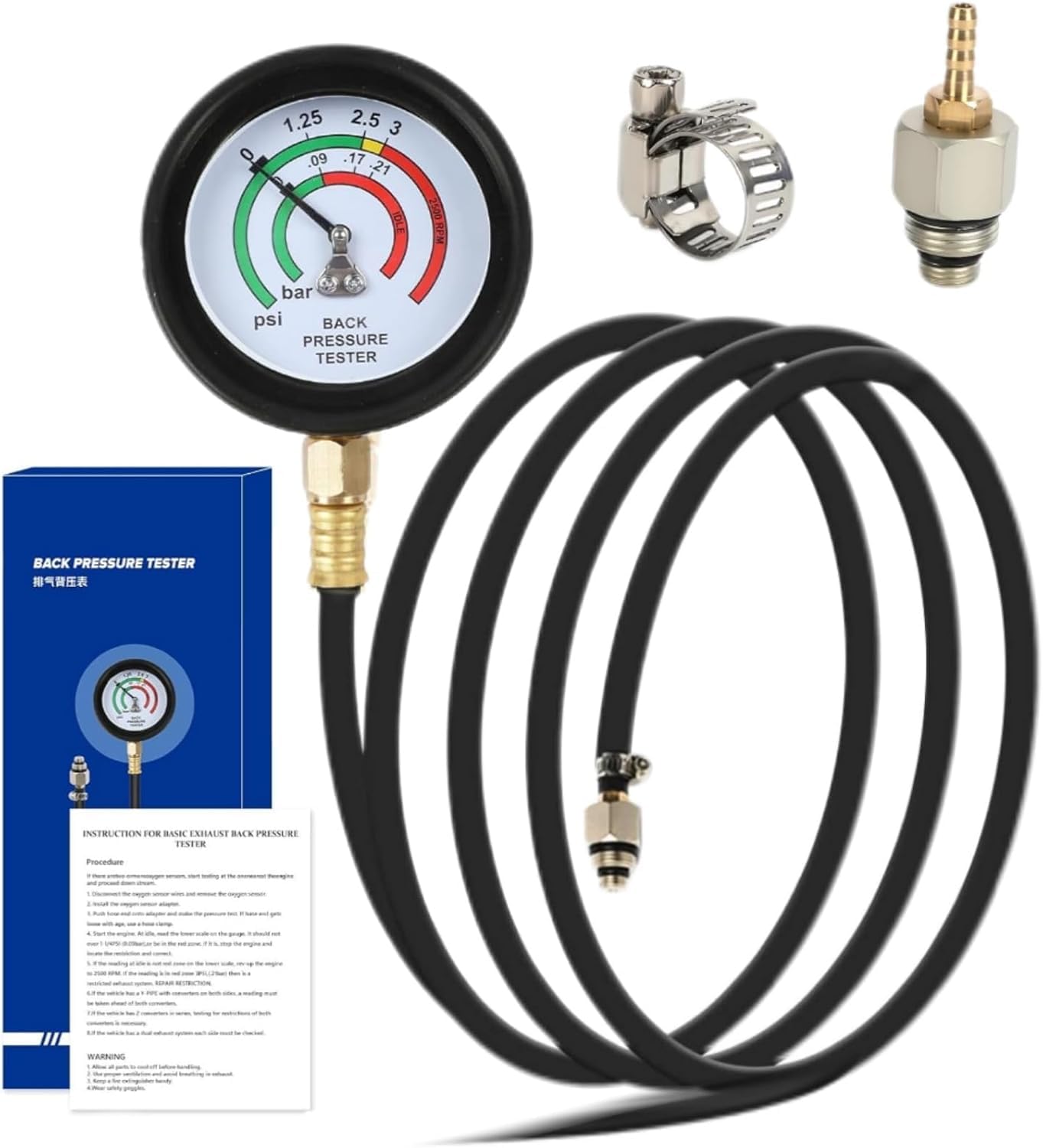 Exhaust Back Pressure Tester Gauge Kit, with M12 & M18 Thread Adapter and 6 Foot Rubber Hose
