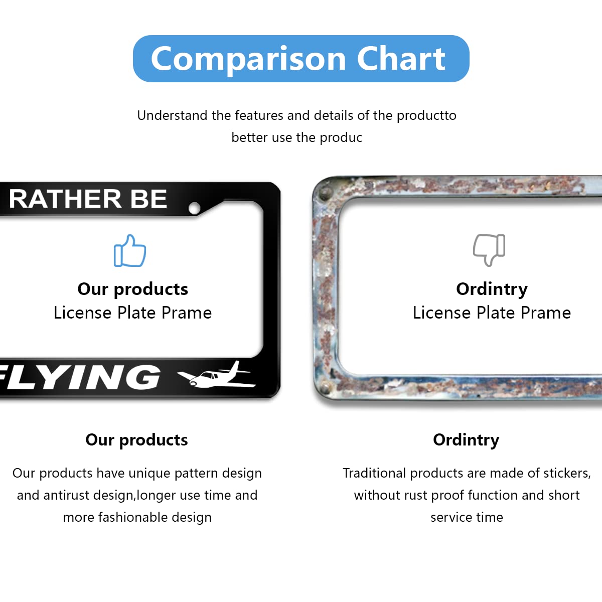 I'd Rather Be Flying License Plate Frame Stainless Steels Funny Black Car Tag Holder Frames with 2 Holes and Screws 12 x 6 Inch