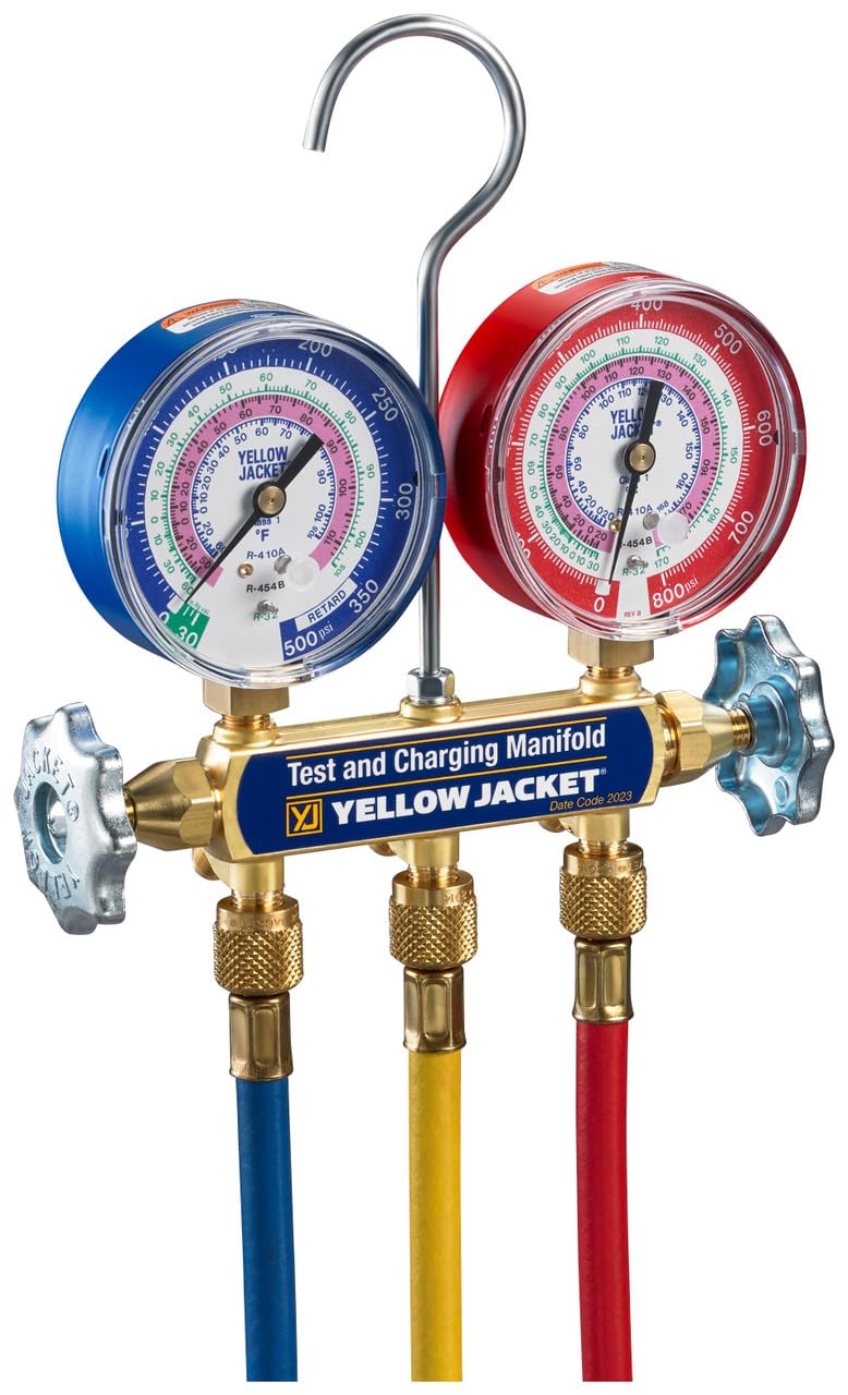 Yellow Jacket 42036 2-Valve Series 41 A2L Manifold, (psi F) R32/454B/410A, 3-1/8 Gauges (60 Plus II R/Y/B Hoses)