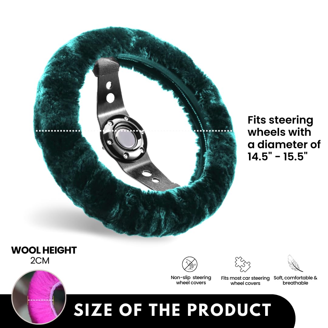 Andalus Brands Fluffy Wool Sheepskin Steering Wheel Cover, Soft & Fuzzy Plush, Universal Fit 14 1/2-15 1/2 Inch, Anti-Slip, Comf