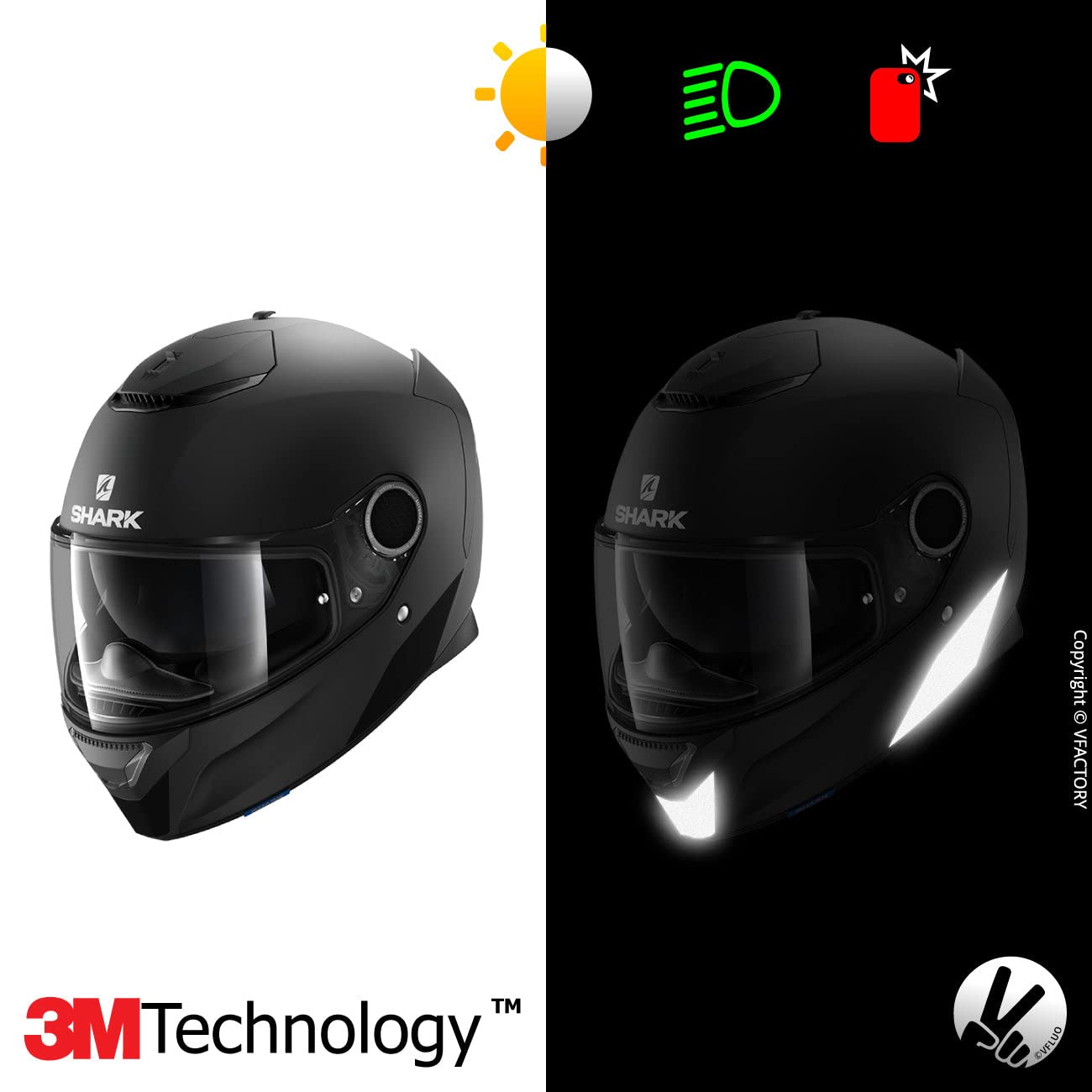 Vfluo - Kit Of Reflective Stickers - Shark Spartan™ Motorcycle Helmet - Approved Stripes Fr - 3M™ Technology - High Visibility & Strength - Discreet & Design - Maximum Grip