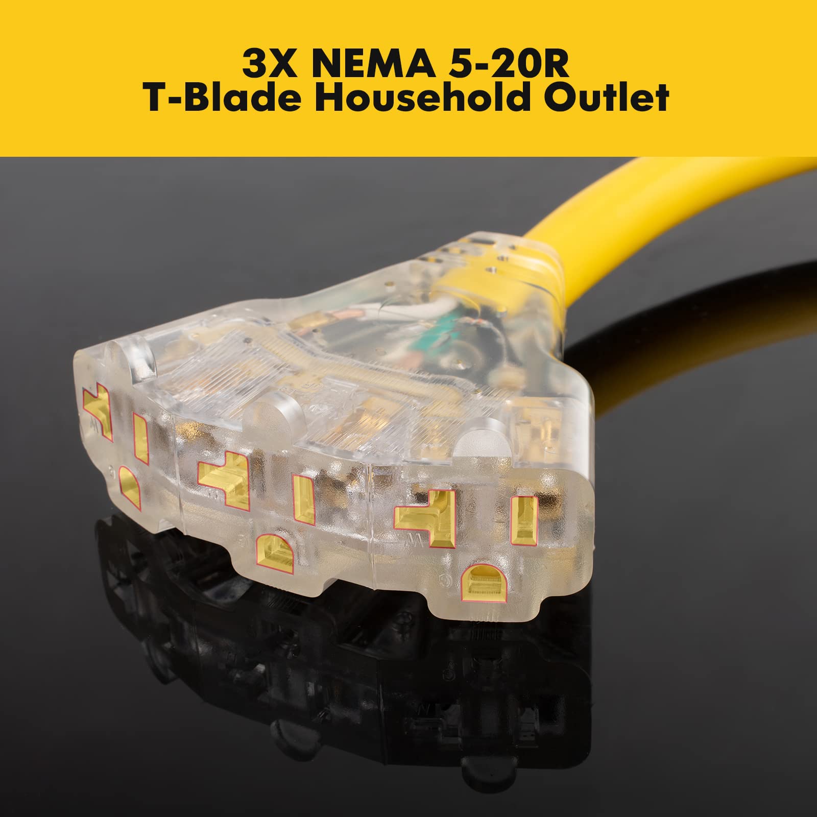 JIUWFOX RV Electrical Adapter 30 Amp to 110V 20 Amp, 12 inch Yellow, NEMA TT-30P Male to 3x5-15R/20R with