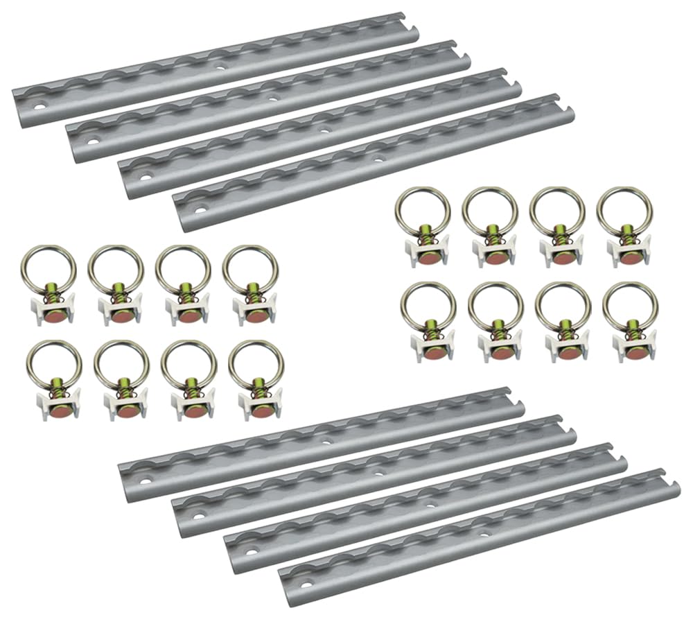 Mytee Products (8 Pcs 12 inch Black L Track Rail & (16 Pcs) Single Stud Fitting Hooks w/Round Ring for Trailers & Pickup Trucks 