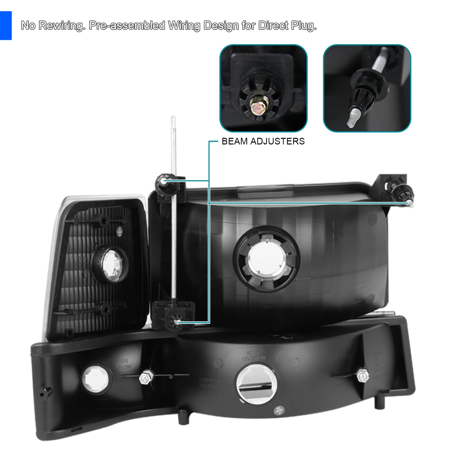 Spec-D Tuning Black Housing Clear Lens Headlights + Bumper Lights + Corner Lamps Compatible with 1992-1996 Ford F150 F250 F350 B