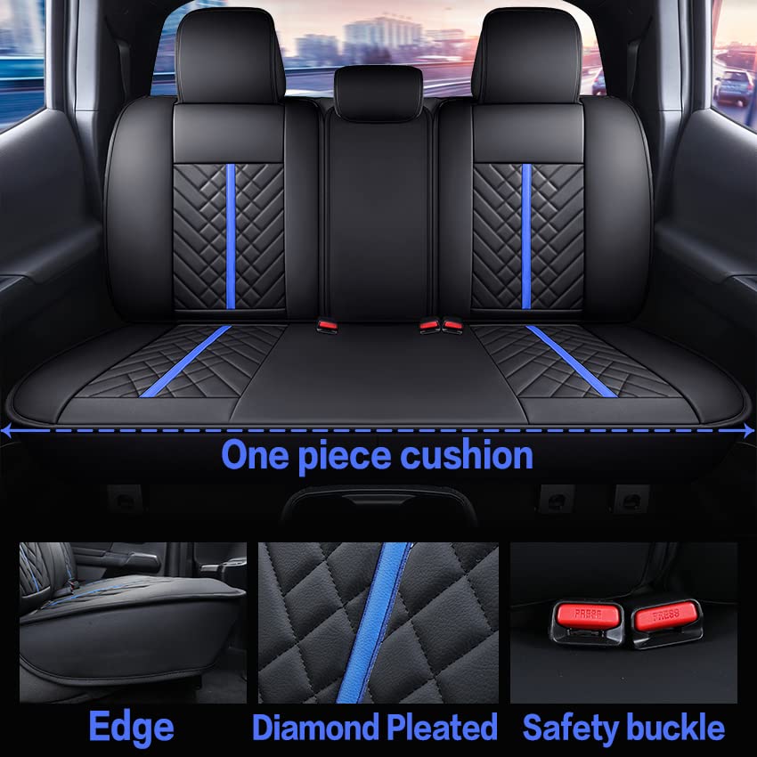 Tomatoman Rear Seat Covers for Toyota Tacoma 2005-2022, Faux Leather, Black-Blue, TRD Sport Offroad, Crew Double Extended Cab