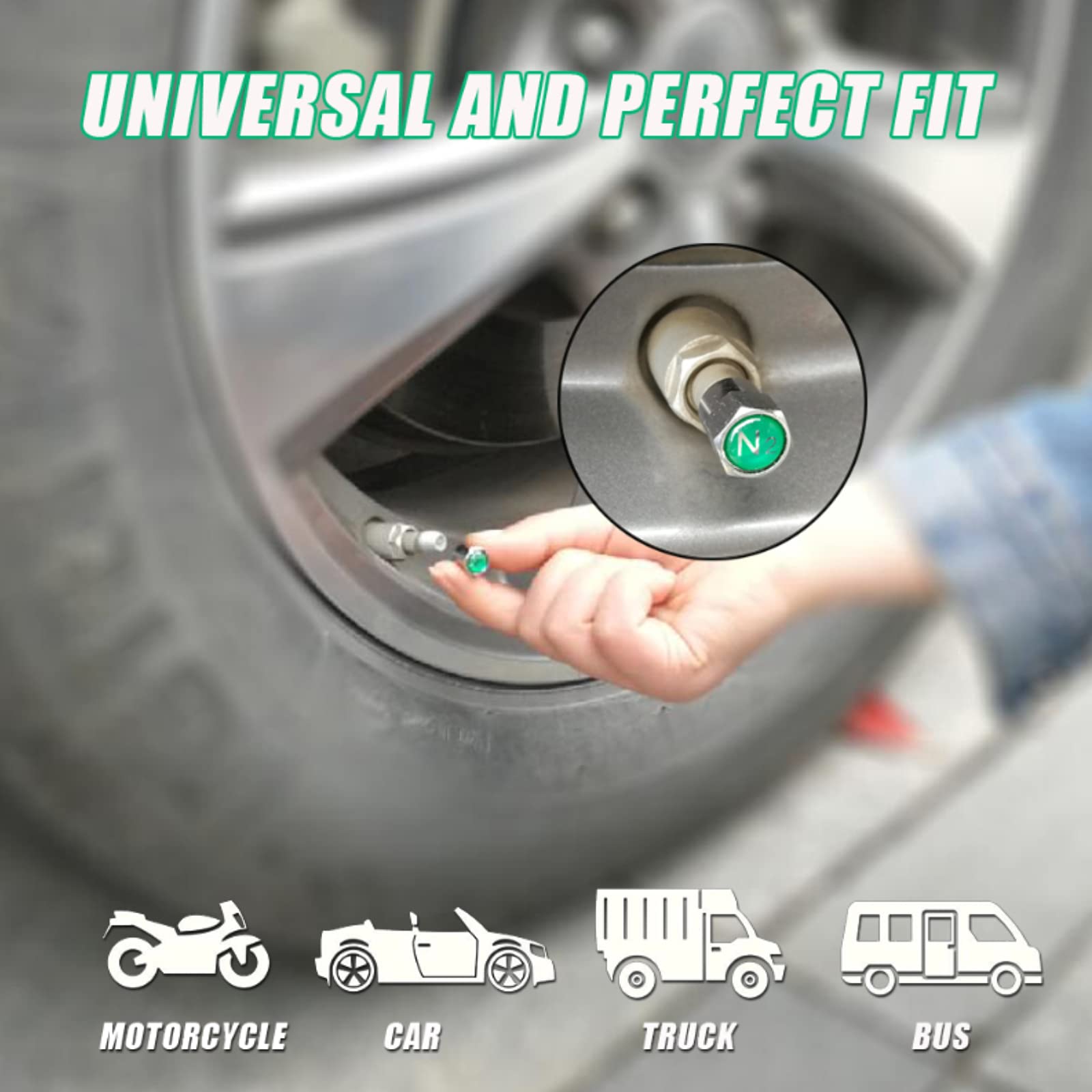 GODESON Chrome Plated Brass Tire Valve Stem Caps, N2 Nitrogen Logo, 0.53 inch, Green, Model GD-BV01B, 5 pcs/Set + 1
