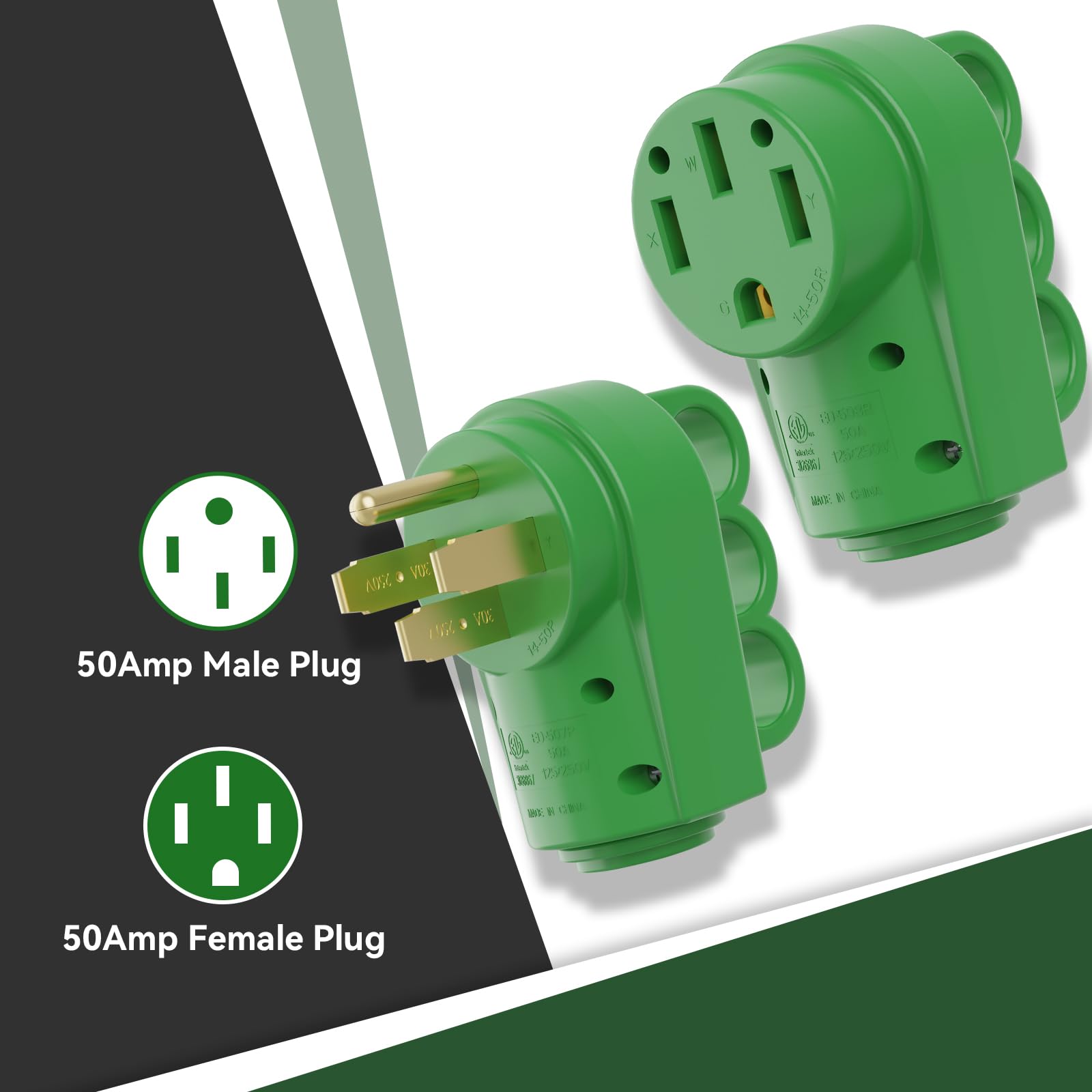 RVGUARD 50 Amp RV Male and Female Plug Kit, NEMA 14-50P & 14-50R RV Replacement Plug, 125/250V 50 Amp with Disconnect Handle, Gr