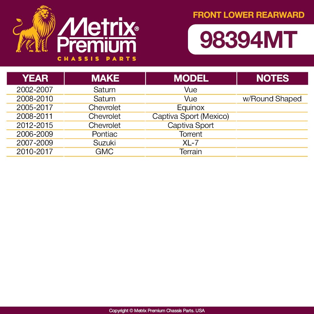 Metrix Premium Chassis Parts - 2 Pc Front Lower Rearward Control Arm Bushing Kit Fits 02-10 Saturn Vue, 05-17 Chevrolet Equinox, 12-15 Captiva Sport, 06-09 Pontiac Torrent, K200784, Made In Europe