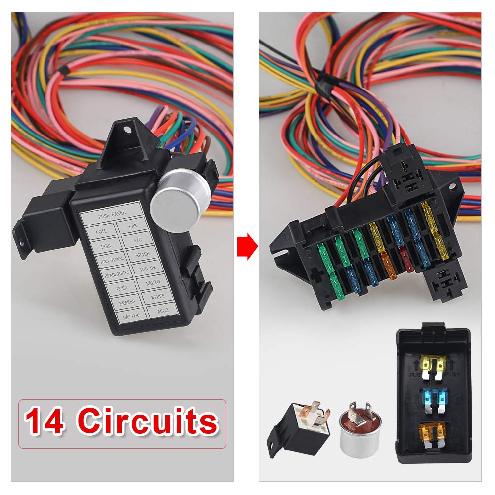 WMPHE 14 Circuit Wiring Harness Kit - Universal Electrical Wire Harness for Chevy, Ford, Chrysler, Mopar Muscle Cars, Copper Material