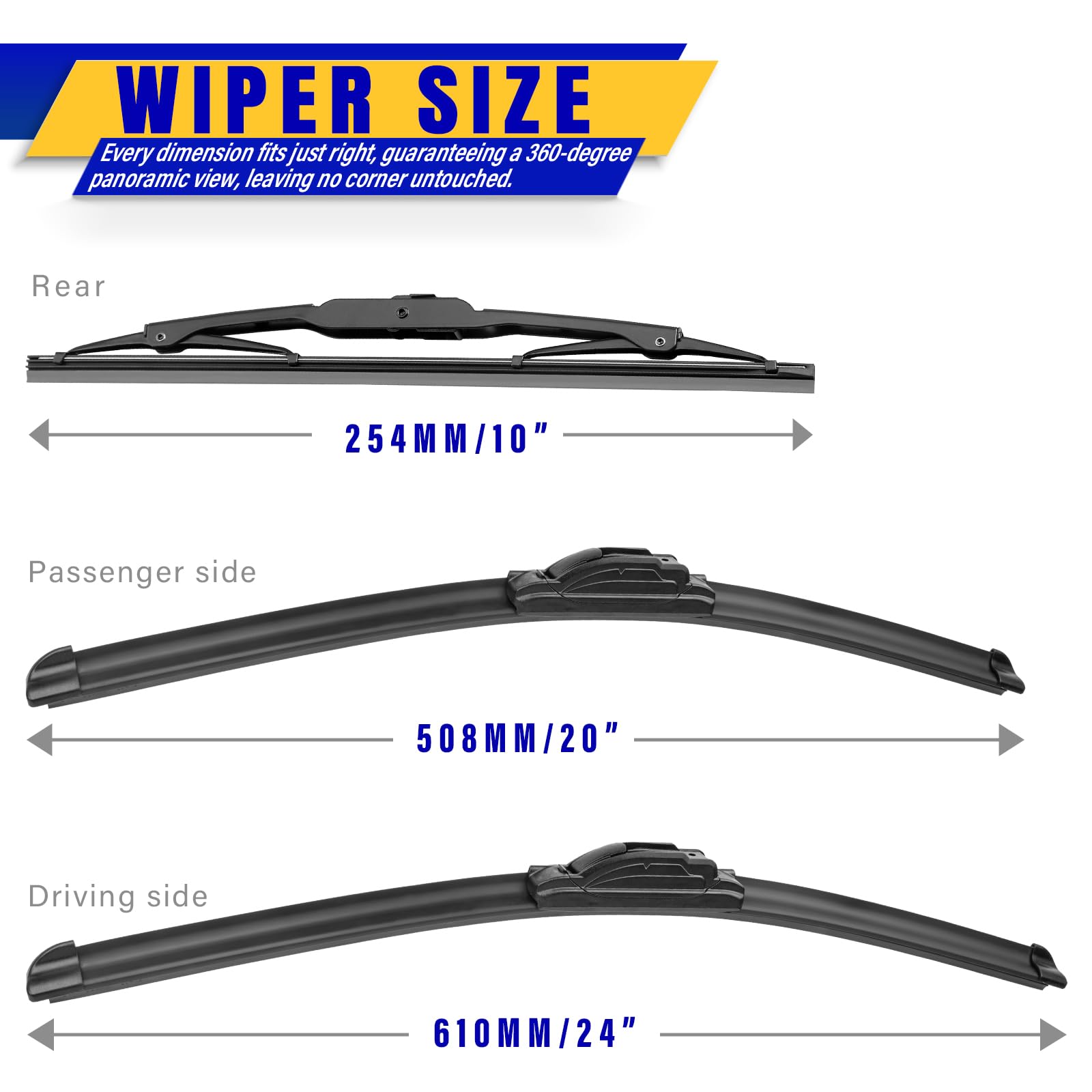 Rooppa Windshield Wiper Blades Replacement Set - 24"/20"/10" Rubber for 2017-2023 GMC Acadia, U/J Hook, OEM Quality
