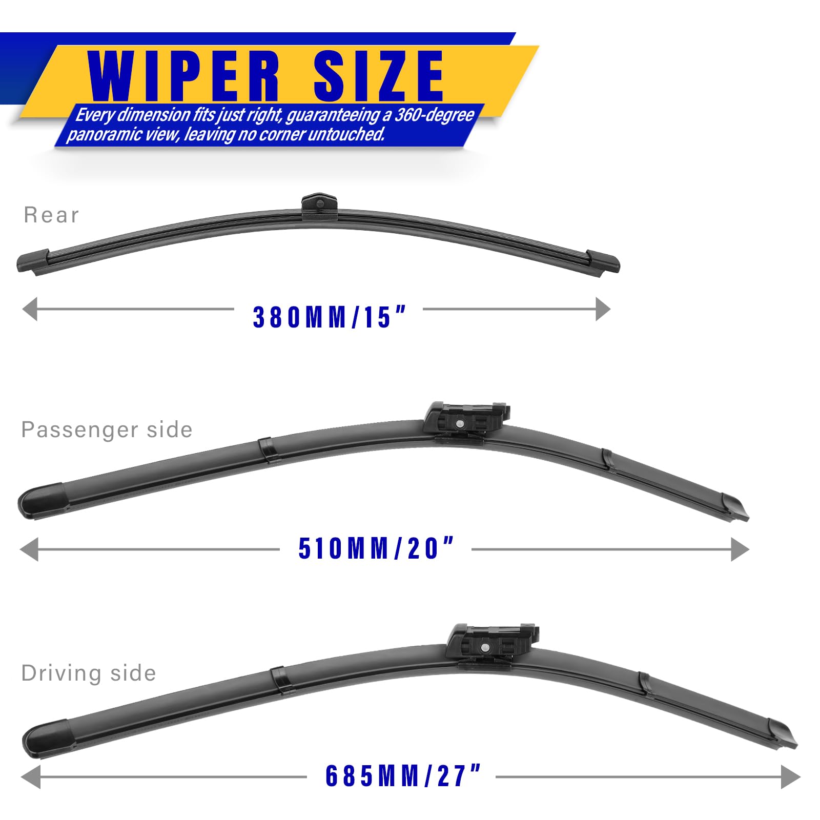 Rooppa Windshield Wiper Blades Replacement for Audi Q7/SQ7 2016-2023, Set of 3, Rubber, 27"/20"/15"