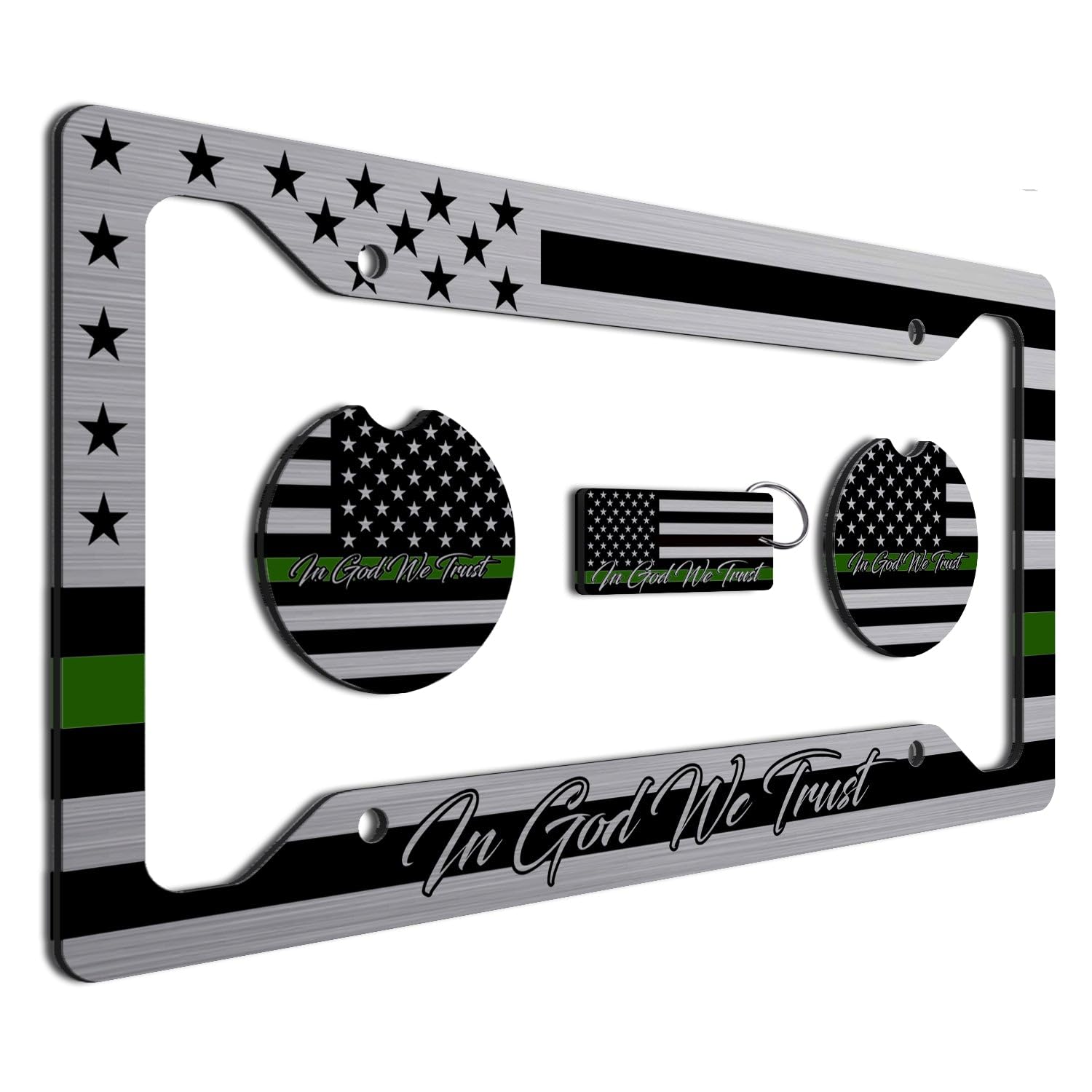 American Flag In God We Trust License Plate Frame + Green Line Coasters + Keychain - Perfect For God And Country Lovers - Tactic