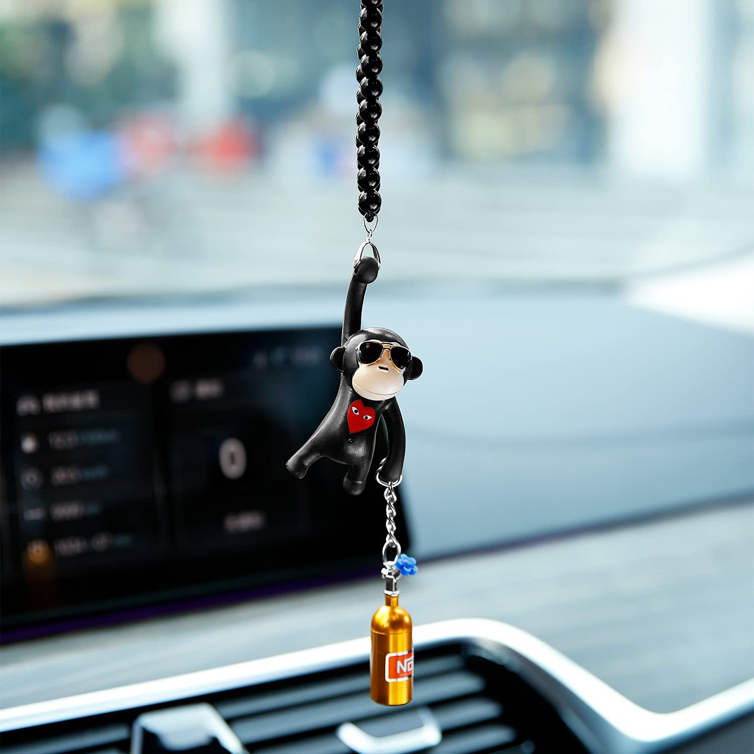 Ygmoner Wearing Sunglasses Monkey Car Interior Rear View Mirror Hanging Ornaments (Black & Nitrogen Bottle)