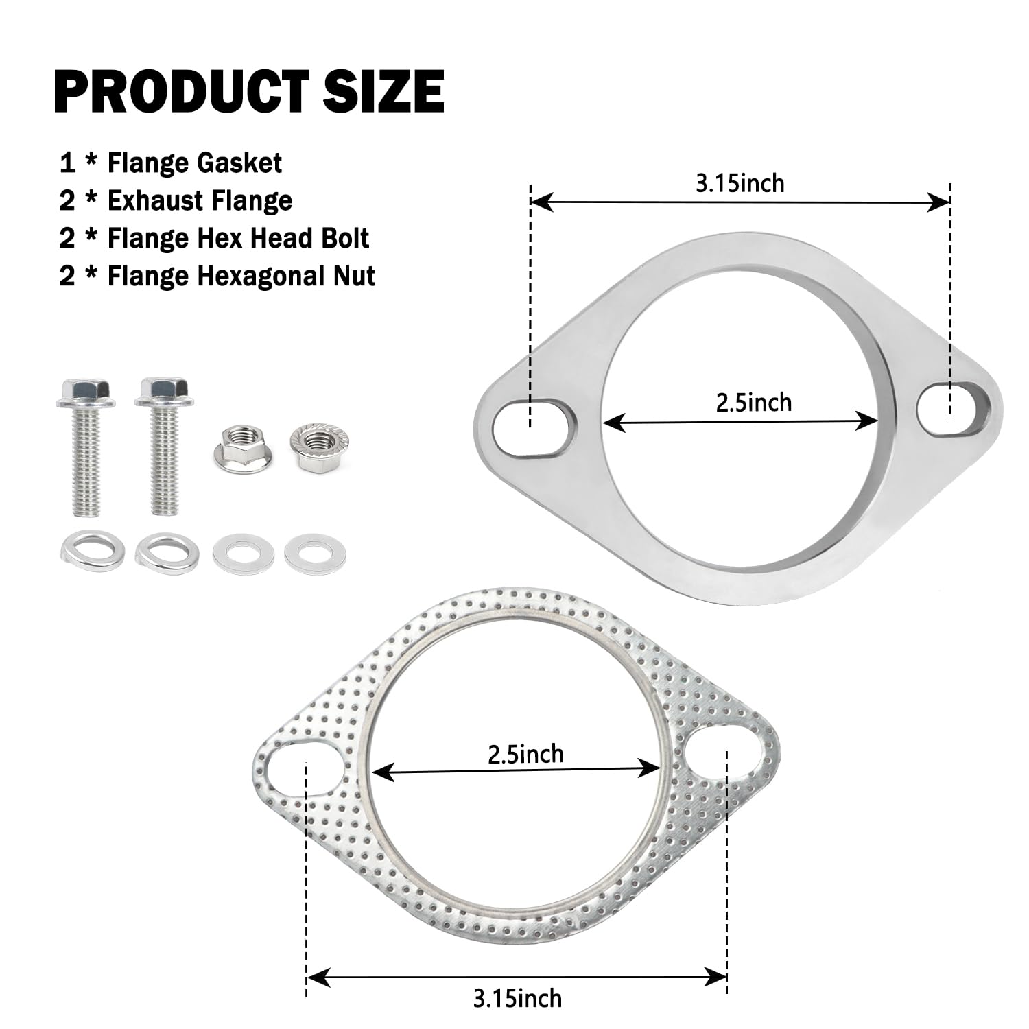 2-Bolt 2.5 Inch Exhaust Flange Repair Kit,Stainless Steel Exhaust System Kit With Exhaust Gasket & Exhaust Bolts,Exhaust Pipe Fl