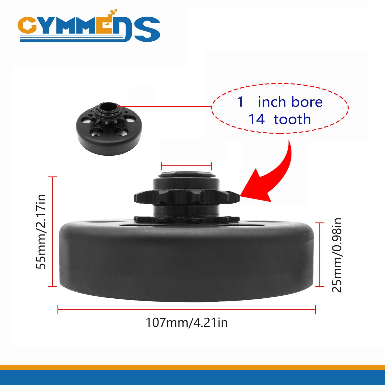 GYMMEDS Go Kart Centrifugal Clutch 1" Bore 14 Tooth for #40/41/420 Chain, Fits 212CC 6.5-8HP Engines, Up to