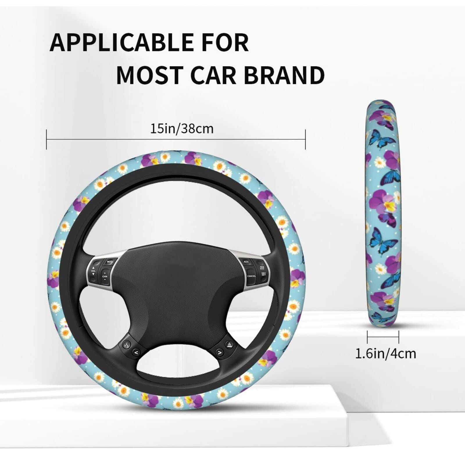 Blue Butterfly Steering Wheel Cover for Women Men with 2 Pcs Car Coasters, Universal 14.5-15 Inch Cute Steering Wheel Covers Non