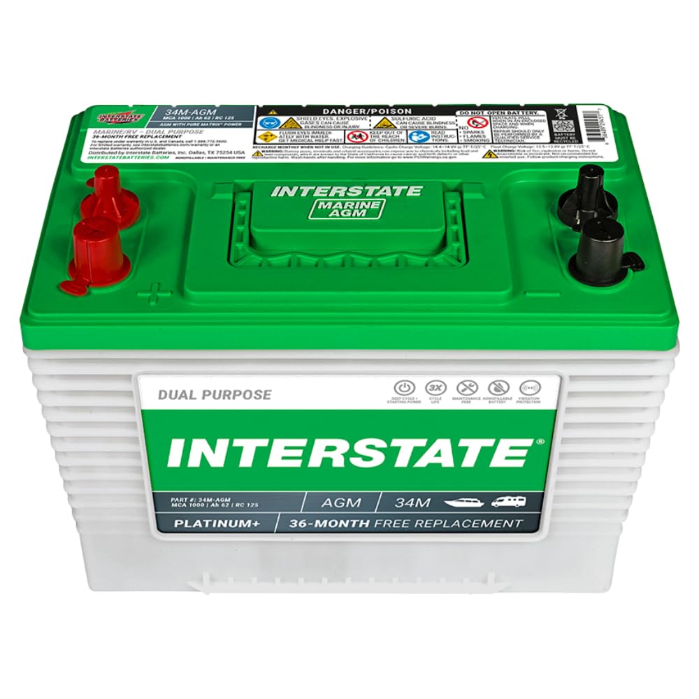 Interstate Batteries Marine/RV Battery 12V 62Ah 800CCA (34M-AGM) Dual Purpose Power Pure Lead AGM RV & Marine Starting Replaceme
