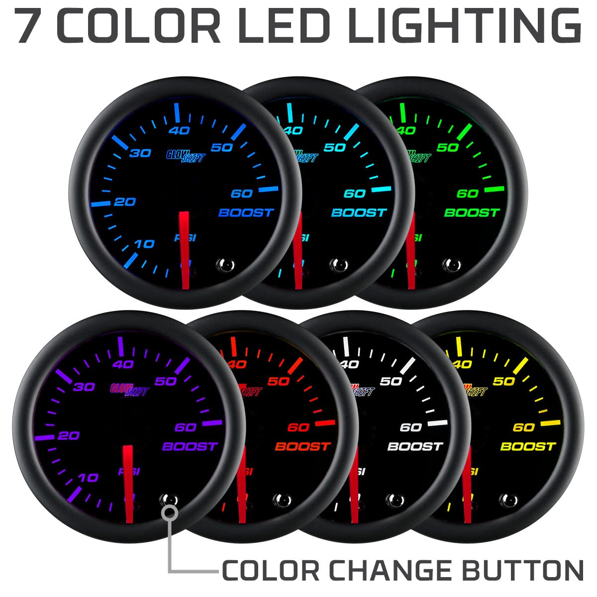 Glowshift Tinted 7 Color 60 Psi Turbo Boost Gauge Kit - Includes Mechanical Hose, 1/8-27 Npt Fittings & Wiring - Multi-Color Dis